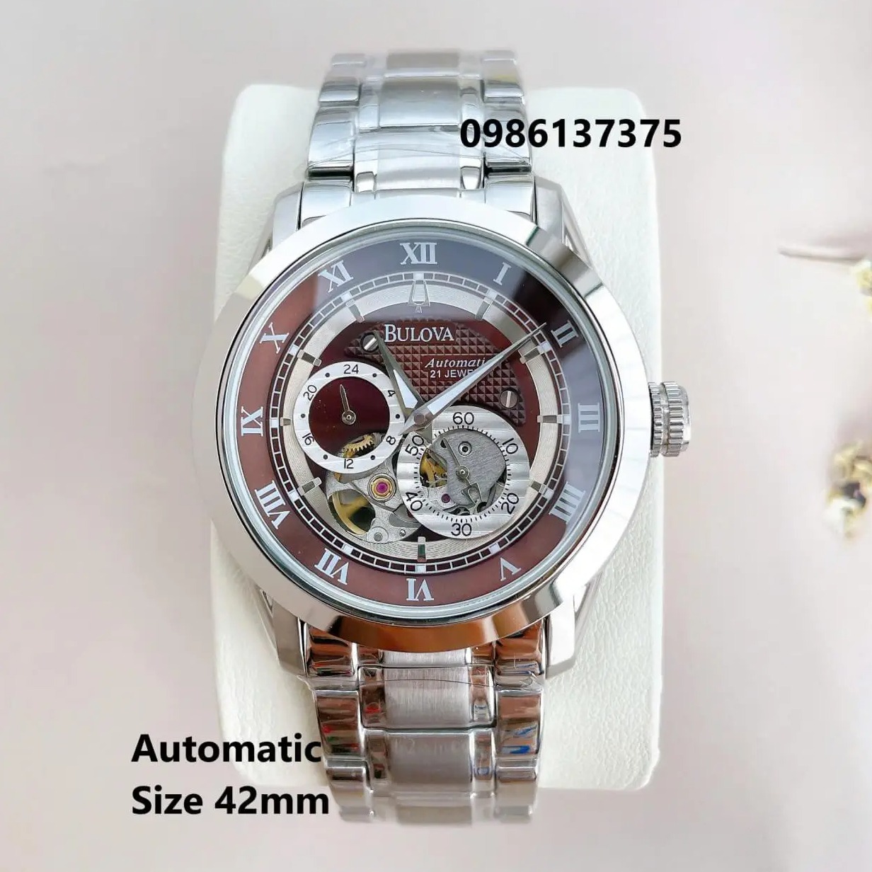 Đồng Hồ Nam Bulova 96A118 Tự Động Dây Kim Loại Silver Mặt Nâu Size 42mm