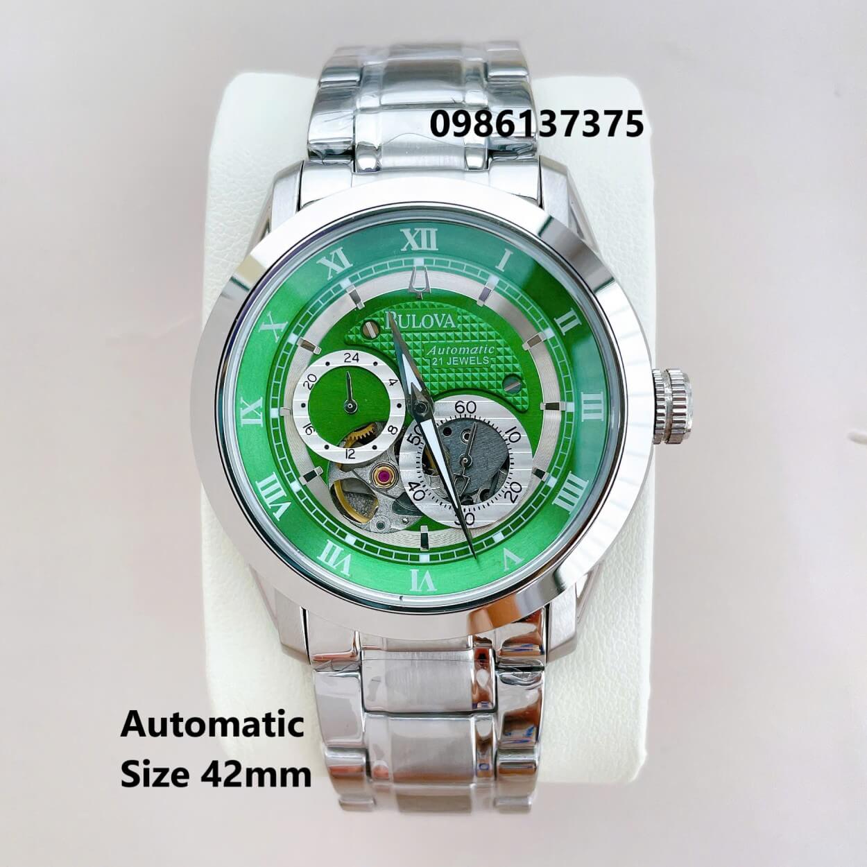 Đồng Hồ Nam Bulova 96A118 Tự Động Dây Kim Loại Silver Mặt Xanh Lá Size 42mm