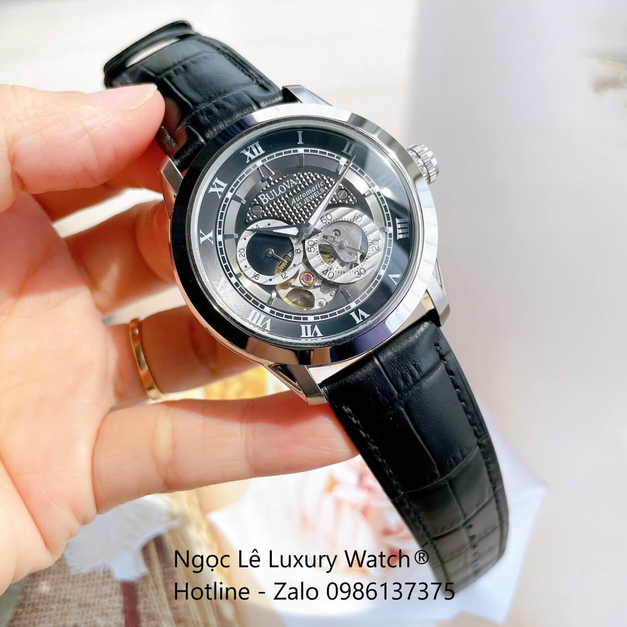 Đồng Hồ Nam Bulova 96A118 Tự Động Dây Da Đen Mặt Đen Vỏ Silver Size 42mm