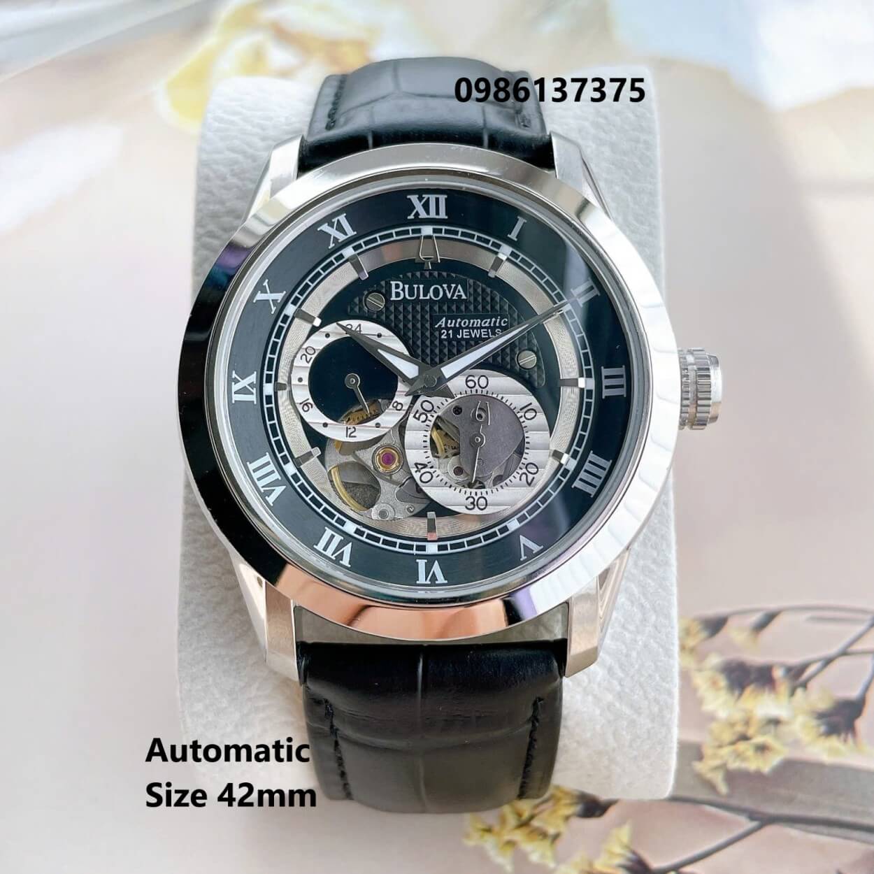Đồng Hồ Nam Bulova 96A118 Tự Động Dây Da Đen Mặt Đen Vỏ Silver Size 42mm