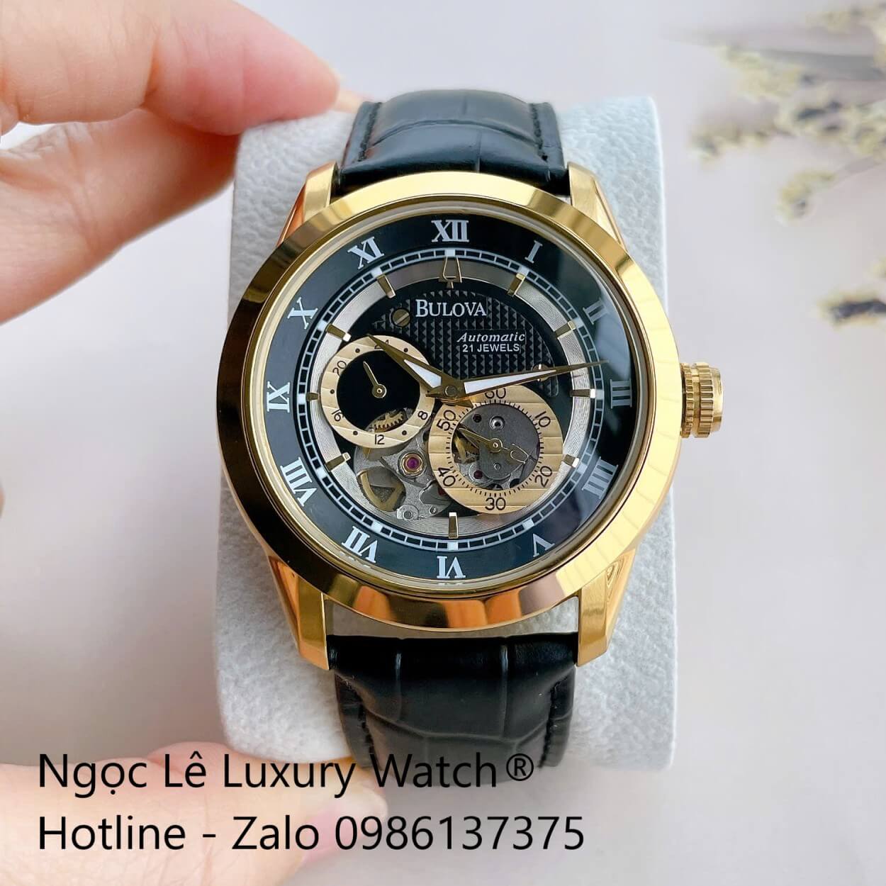 Đồng Hồ Nam Bulova 96A118 Tự Động Dây Da Đen Mặt Đen Vỏ Vàng Gold Size 42mm