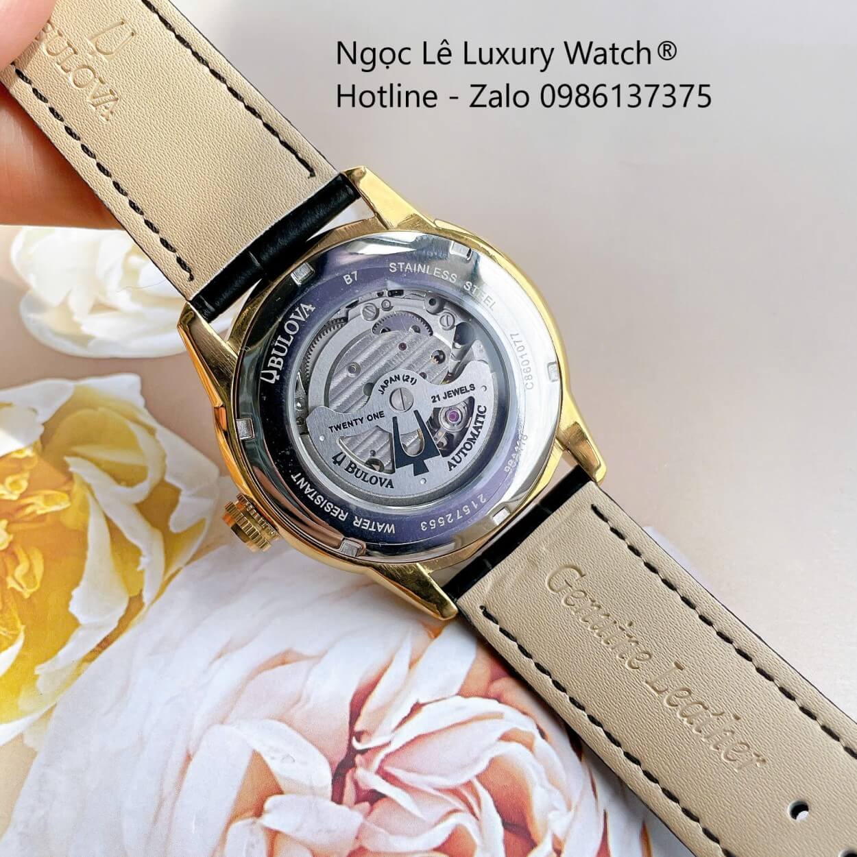 Đồng Hồ Nam Bulova 96A118 Tự Động Dây Da Đen Mặt Đen Vỏ Vàng Gold Size 42mm