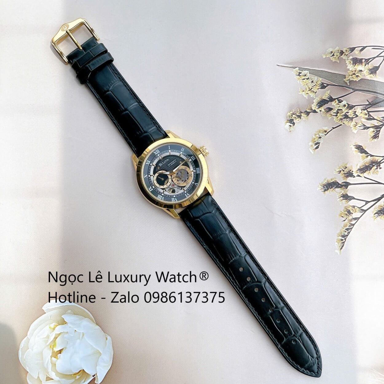 Đồng Hồ Nam Bulova 96A118 Tự Động Dây Da Đen Mặt Đen Vỏ Vàng Gold Size 42mm