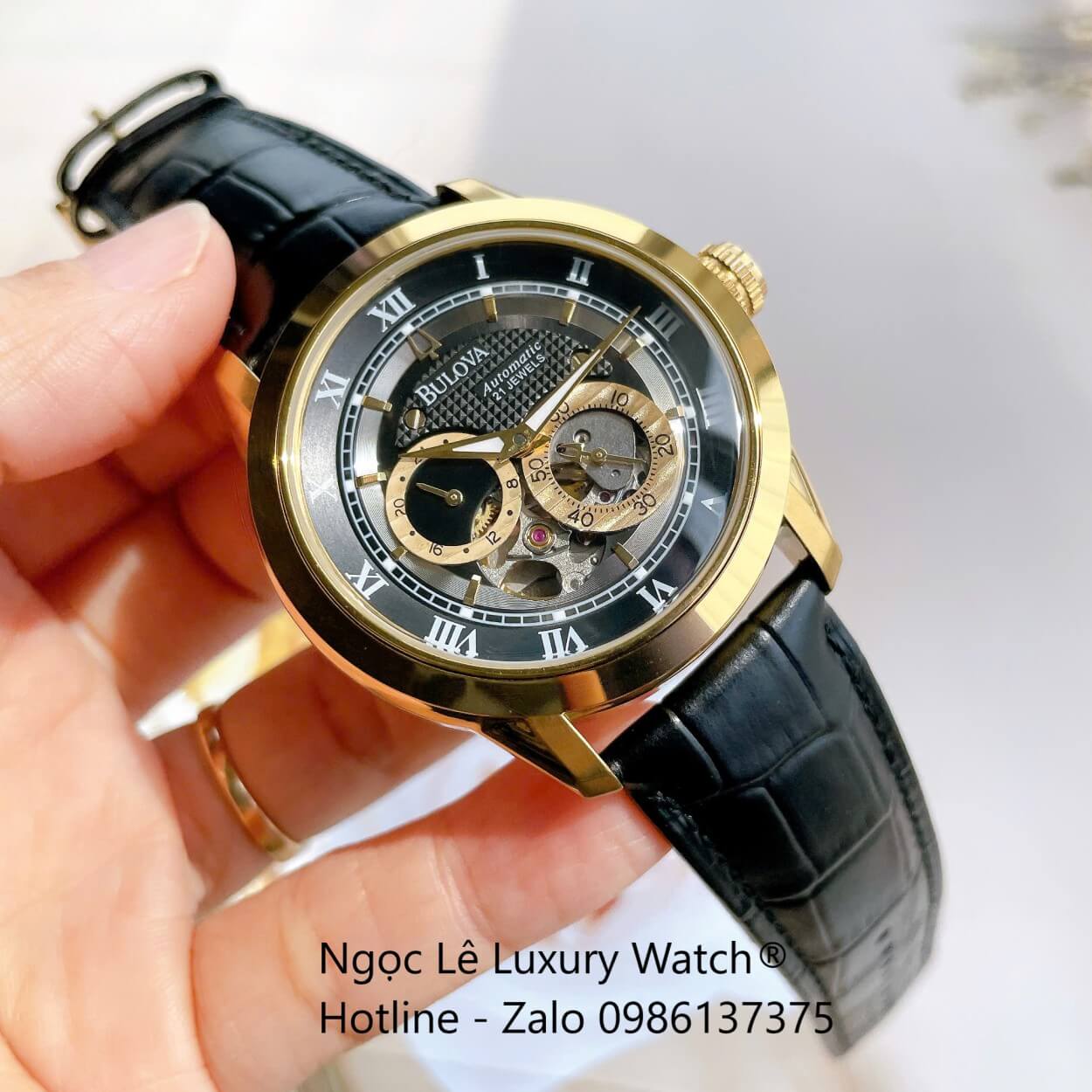 Đồng Hồ Nam Bulova 96A118 Tự Động Dây Da Đen Mặt Đen Vỏ Vàng Gold Size 42mm