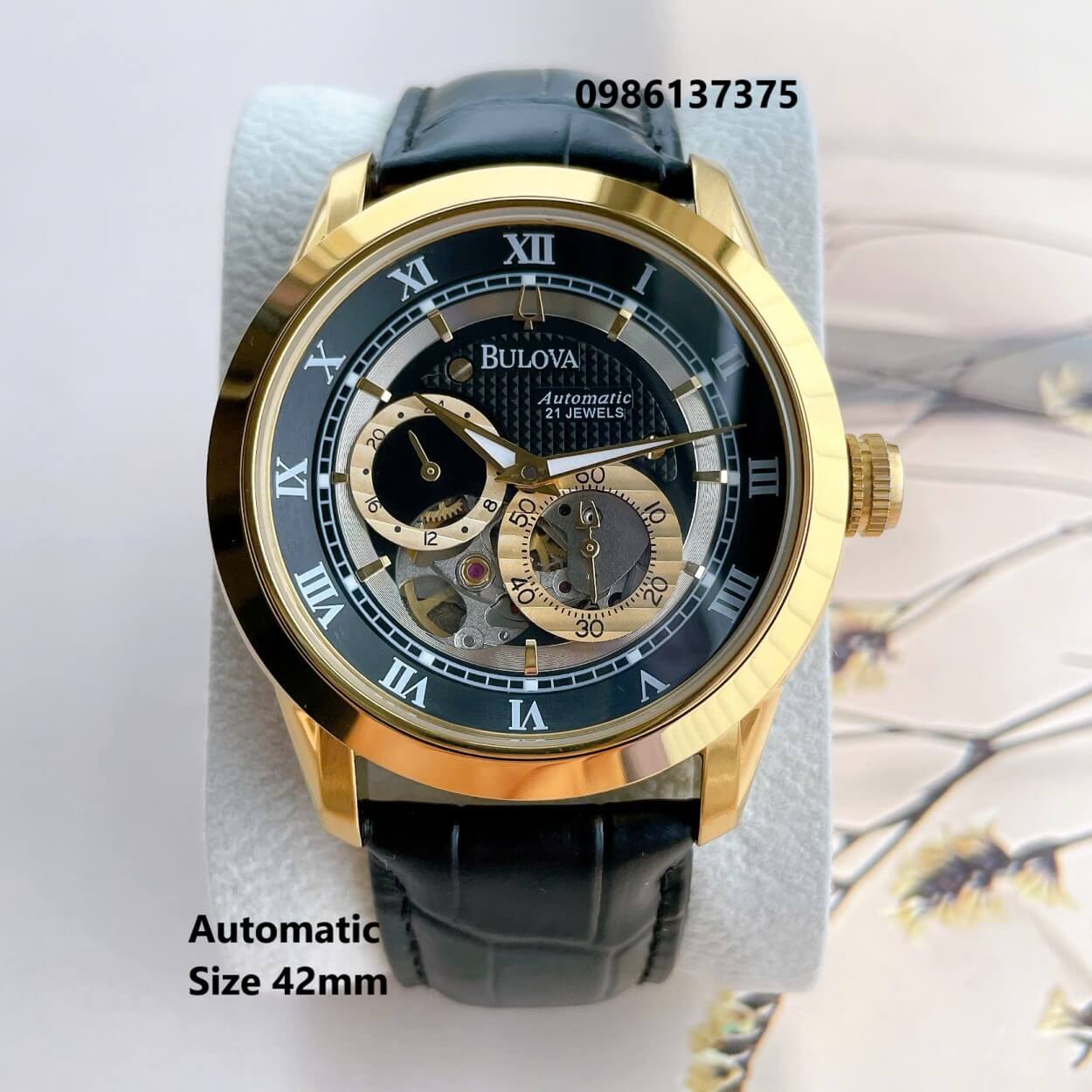 Đồng Hồ Nam Bulova 96A118 Tự Động Dây Da Đen Mặt Đen Vỏ Vàng Gold Size 42mm