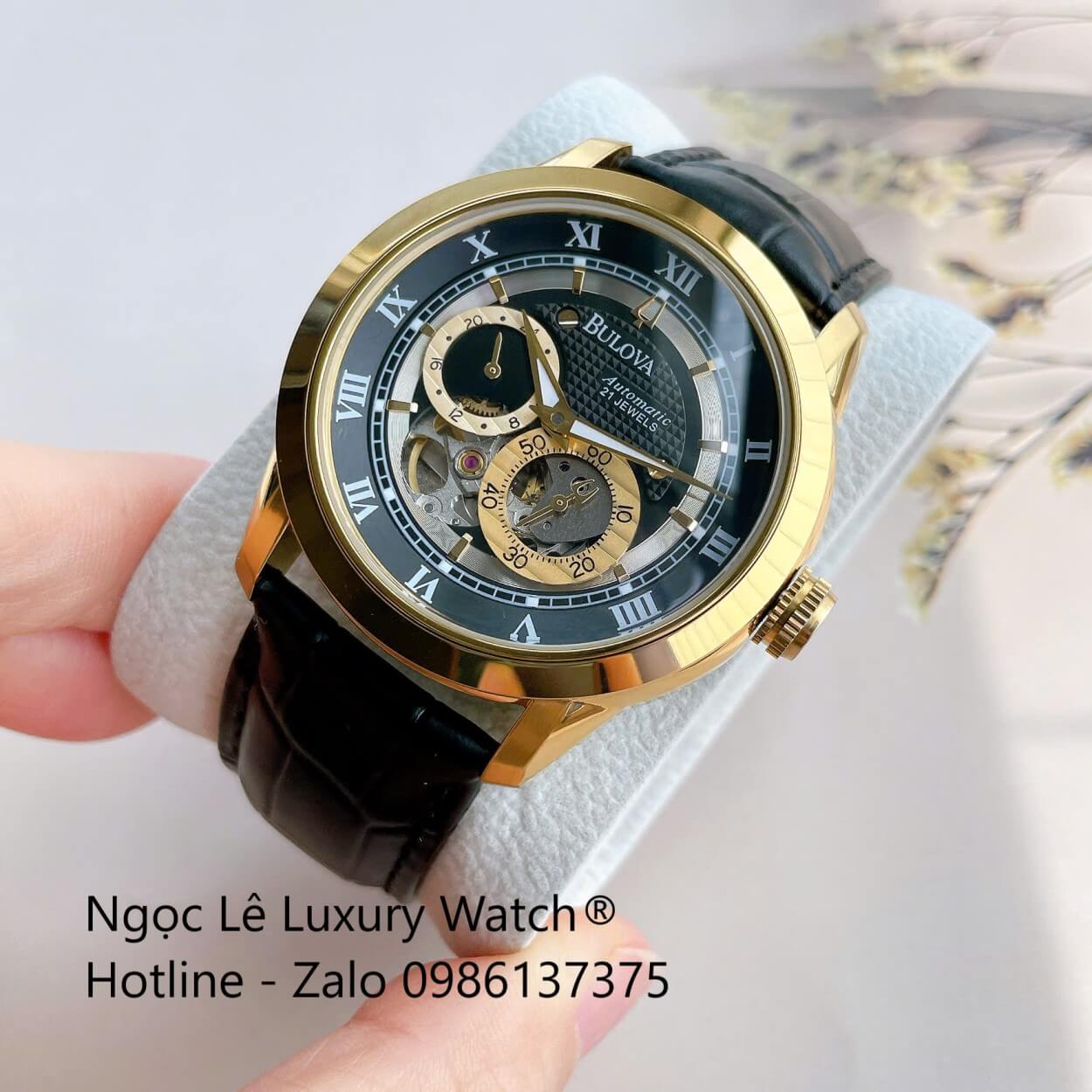 Đồng Hồ Nam Bulova 96A118 Tự Động Dây Da Đen Mặt Đen Vỏ Vàng Gold Size 42mm