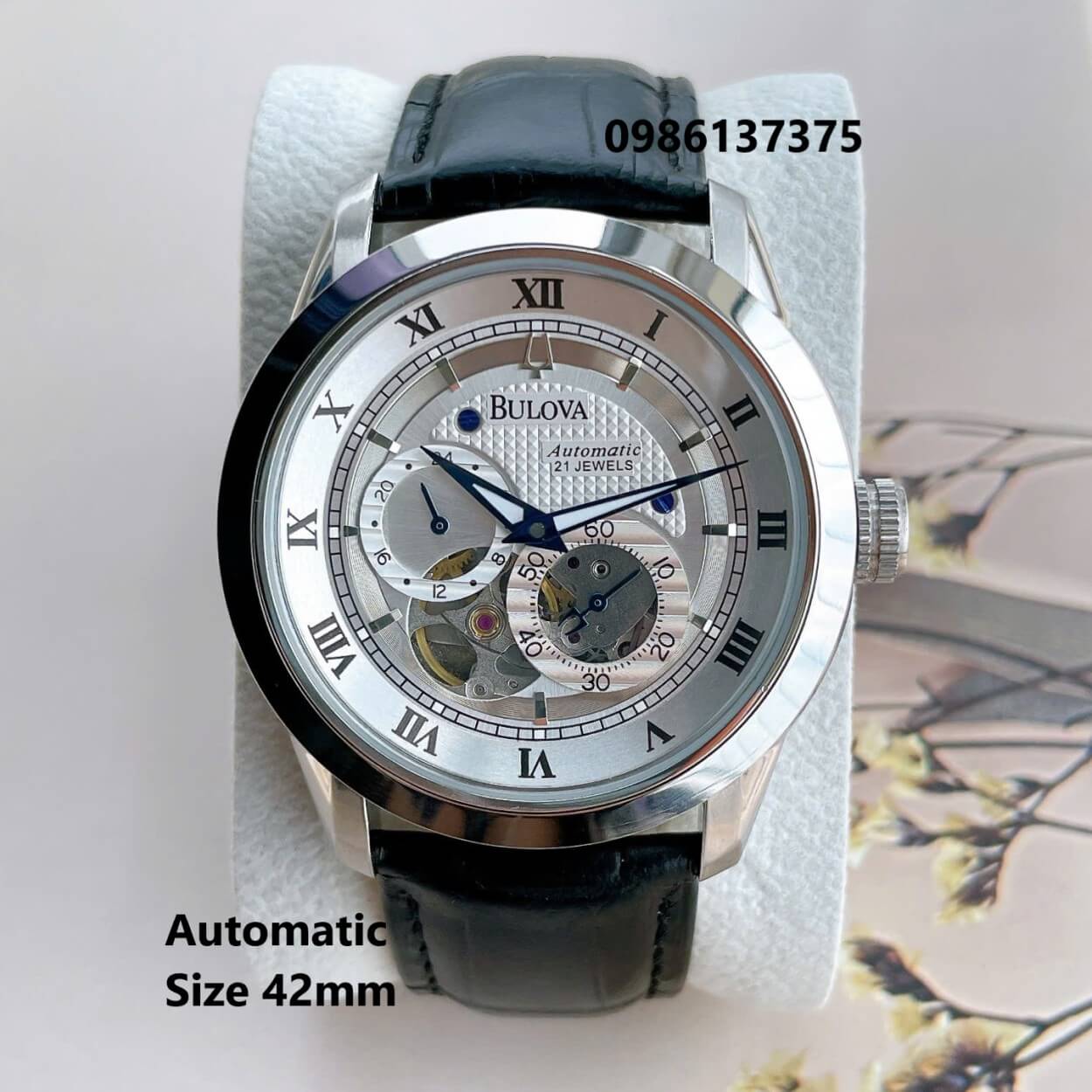 Đồng Hồ Nam Bulova 96A118 Tự Động Dây Da Đen Mặt Trắng Vỏ Silver Size 42mm