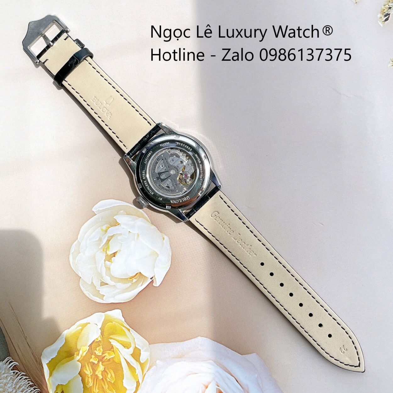 Đồng Hồ Nam Bulova 96A118 Tự Động Dây Da Đen Mặt Trắng Vỏ Silver Size 42mm