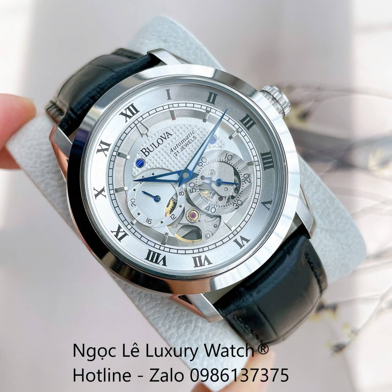Đồng Hồ Nam Bulova 96A118 Tự Động Dây Da Đen Mặt Trắng Vỏ Silver Size 42mm