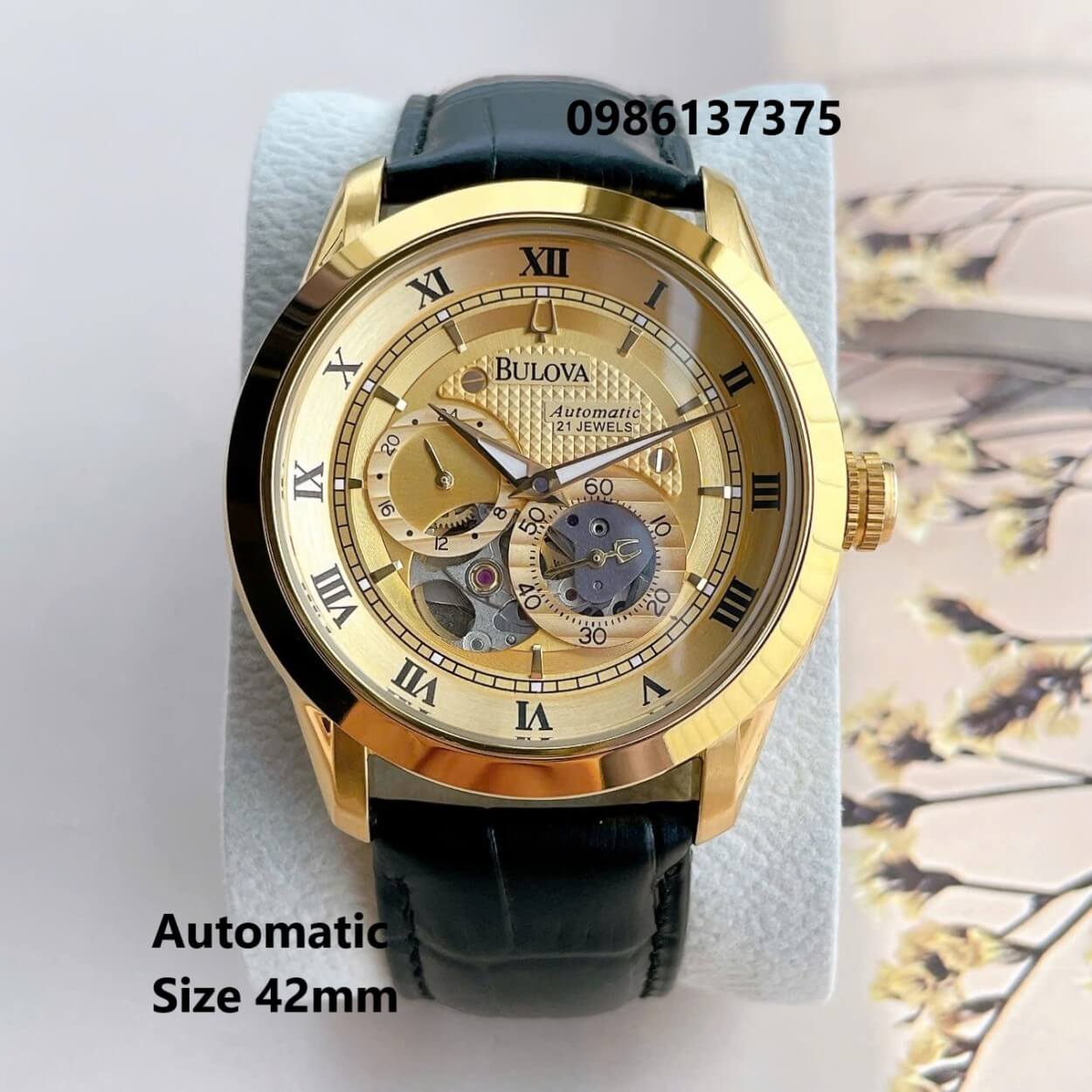Đồng Hồ Nam Bulova 96A118 Tự Động Dây Da Đen Mặt Vàng Vỏ Vàng Gold Size 42mm