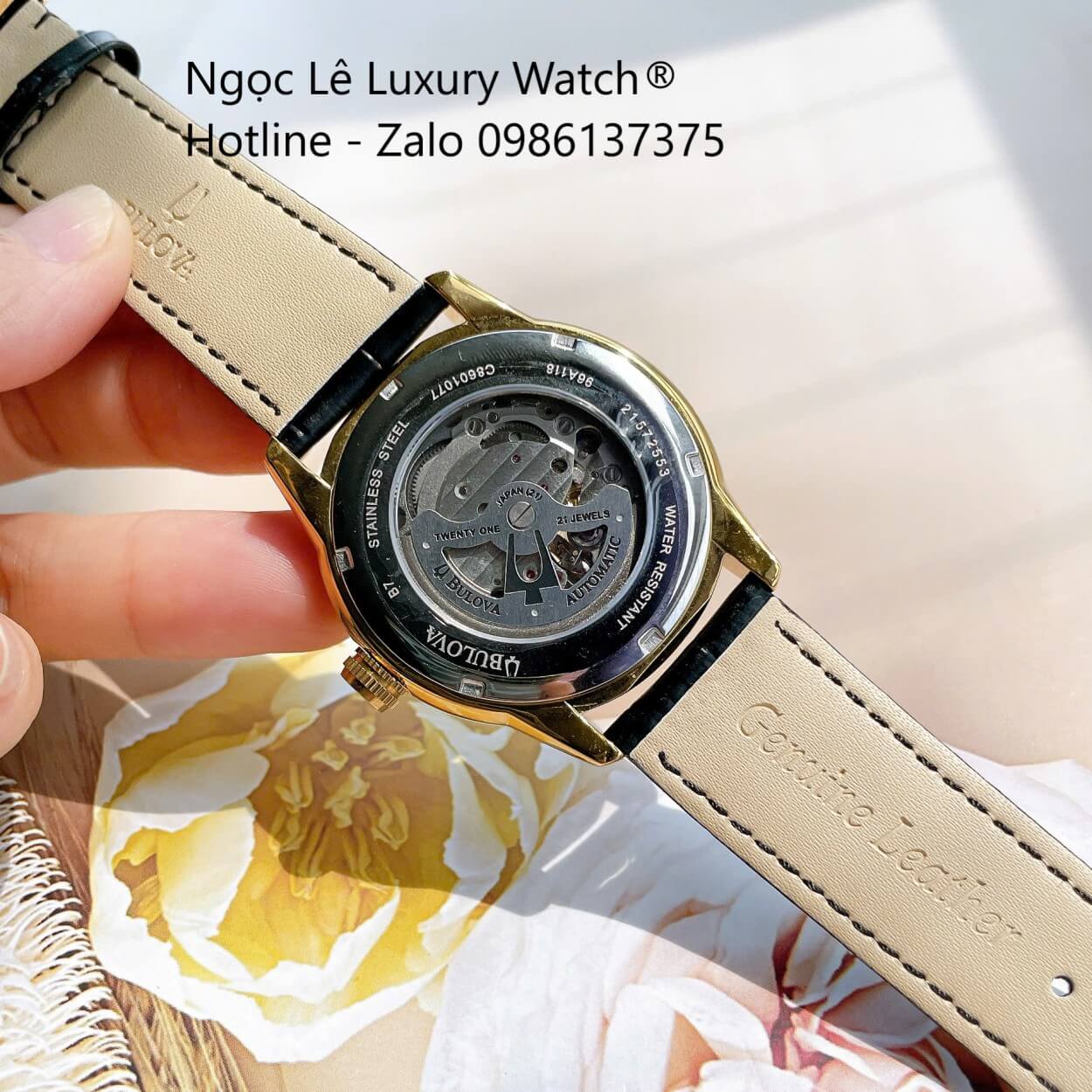 Đồng Hồ Nam Bulova 96A118 Tự Động Dây Da Đen Mặt Xanh Dương Vỏ Vàng Gold Size 42mm