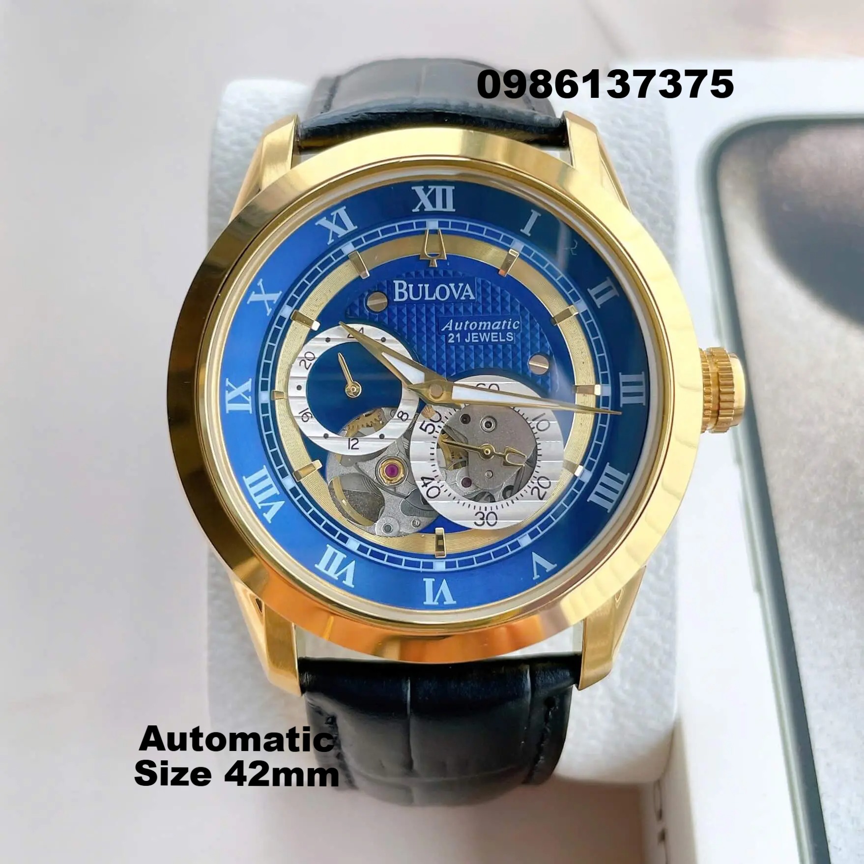 Đồng Hồ Nam Bulova 96A118 Tự Động Dây Da Đen Mặt Xanh Dương Vỏ Vàng Gold Size 42mm