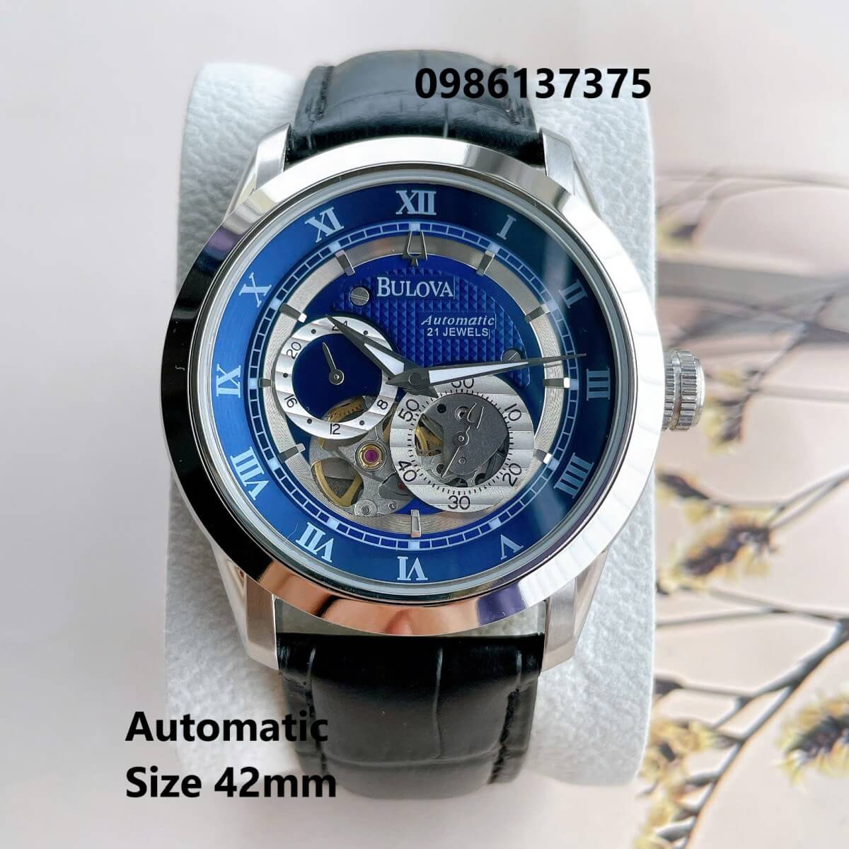 Đồng Hồ Nam Bulova 96A118 Tự Động Dây Da Đen Mặt Xanh Dương Vỏ Silver Size 42mm