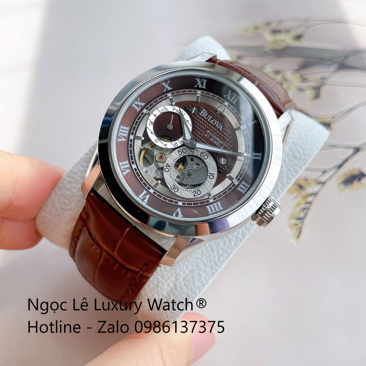 Đồng Hồ Nam Bulova 96A118 Tự Động Dây Da Nâu Mặt Nâu Vỏ Silver Size 42mm