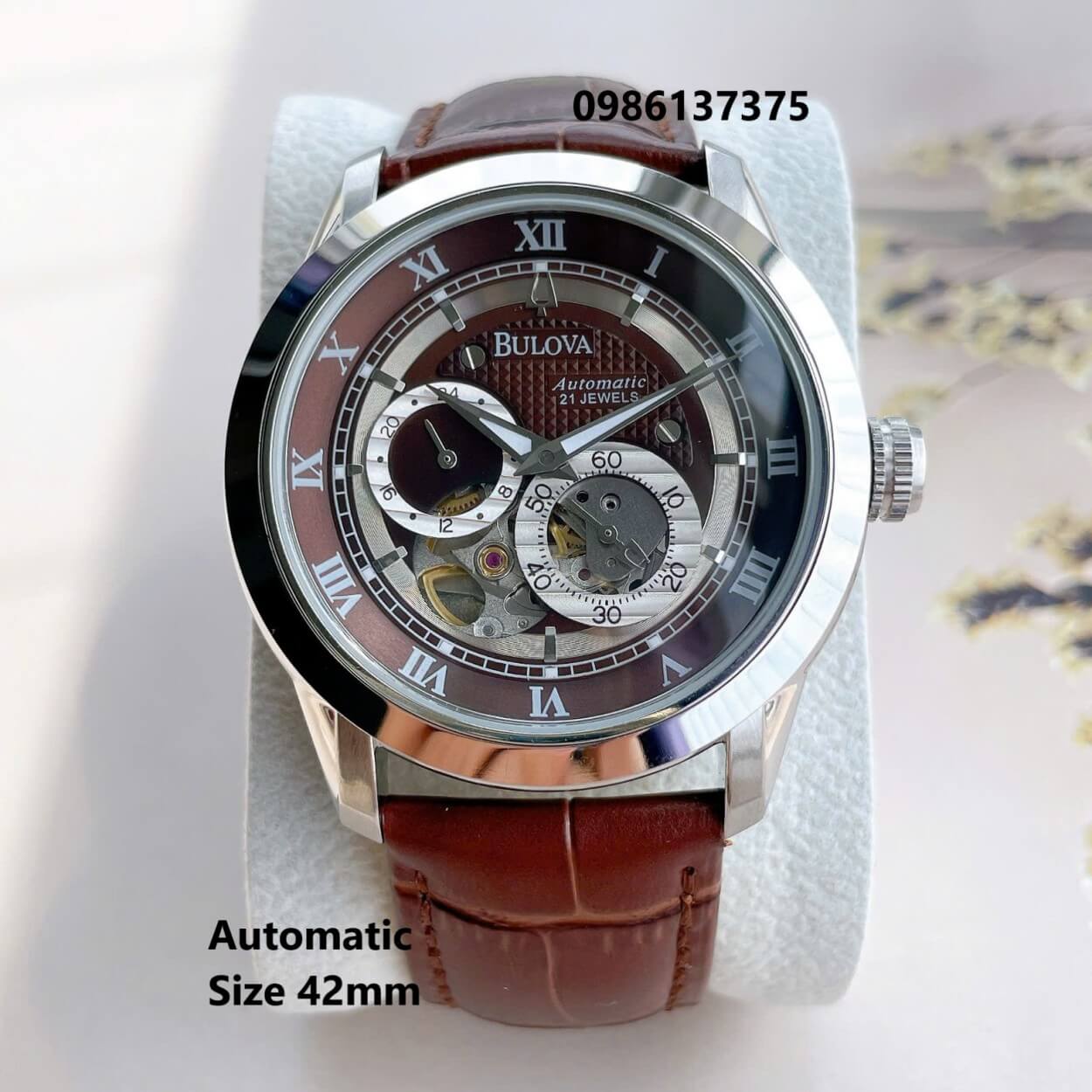 Đồng Hồ Nam Bulova 96A118 Tự Động Dây Da Nâu Mặt Nâu Vỏ Silver Size 42mm