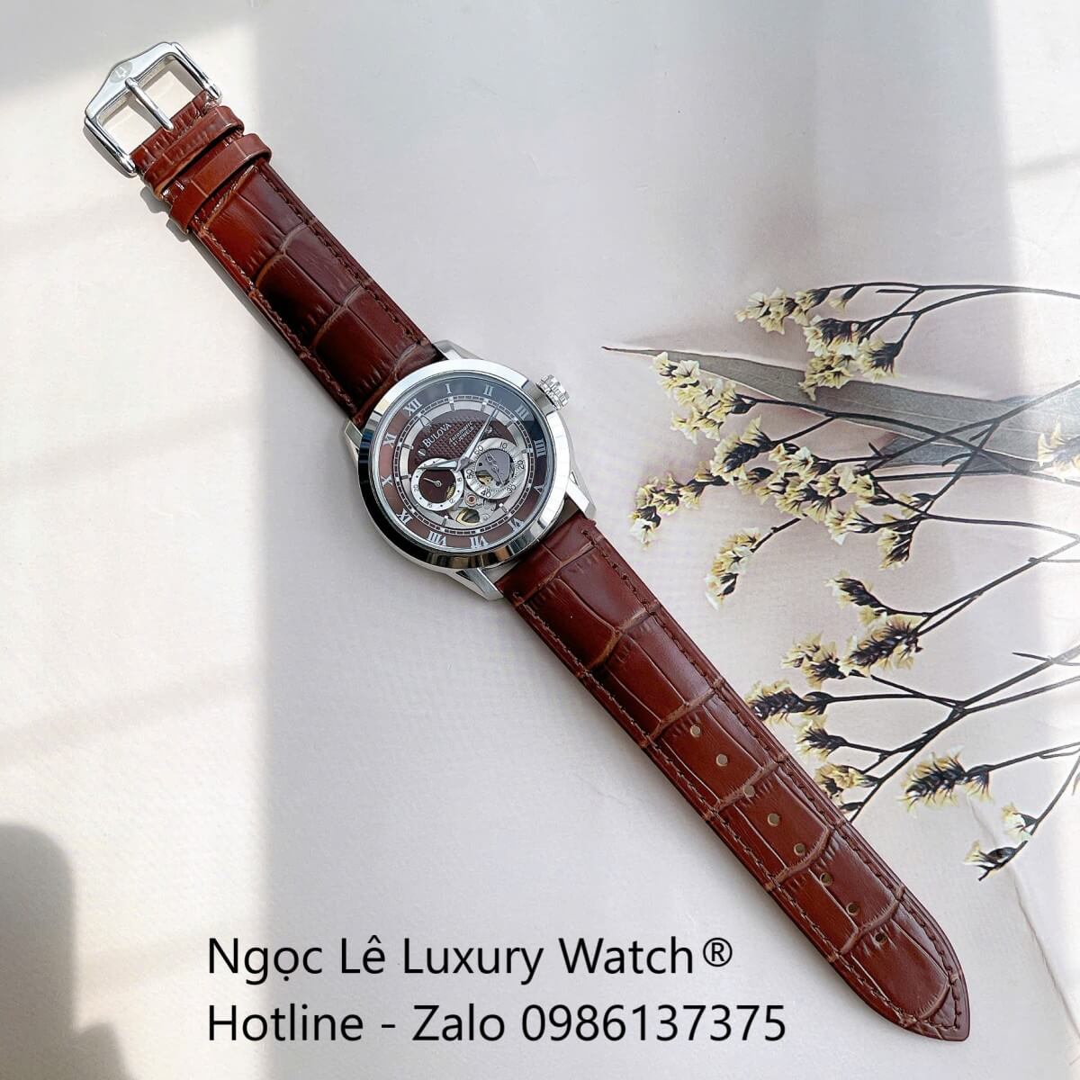 Đồng Hồ Nam Bulova 96A118 Tự Động Dây Da Nâu Mặt Nâu Vỏ Silver Size 42mm