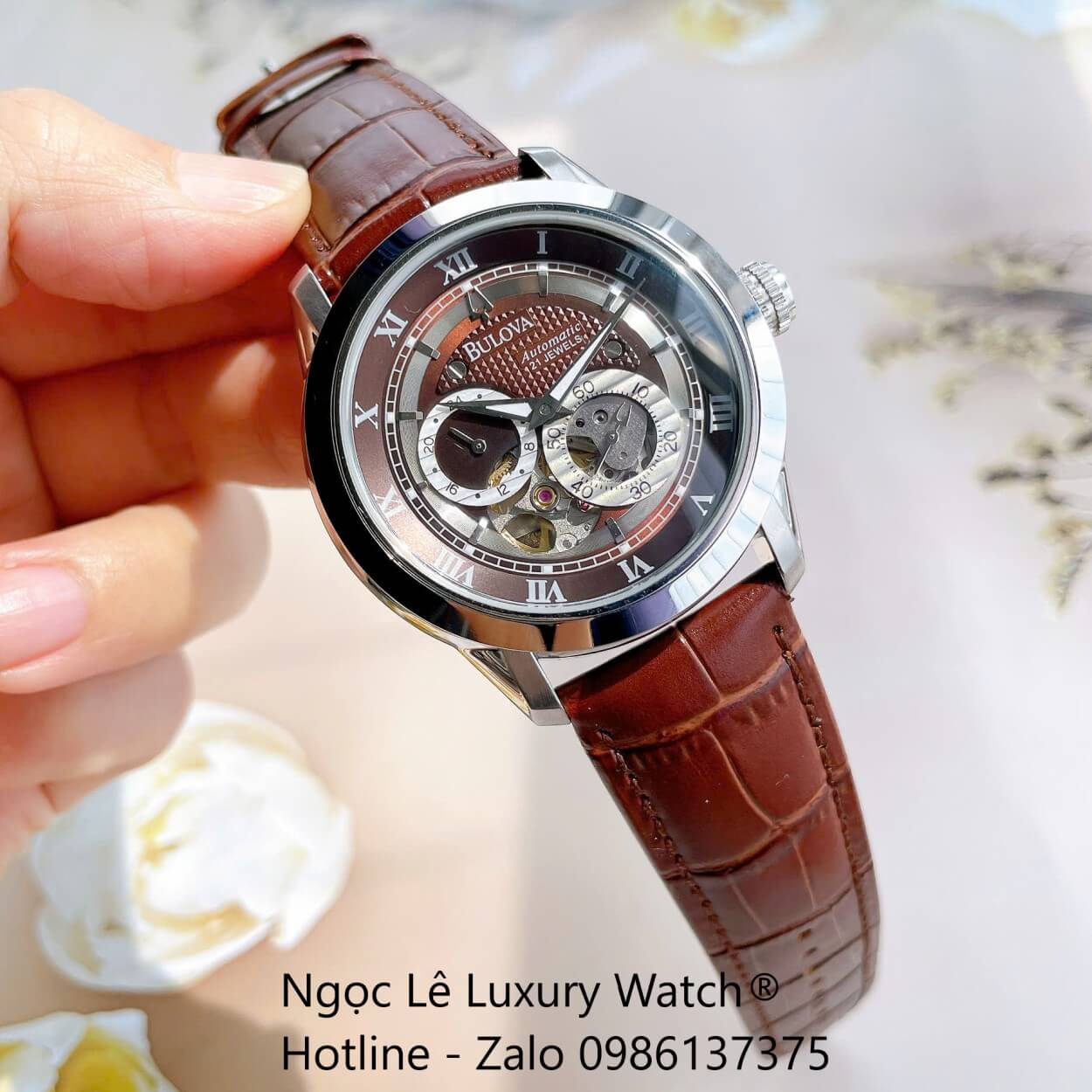 Đồng Hồ Nam Bulova 96A118 Tự Động Dây Da Nâu Mặt Nâu Vỏ Silver Size 42mm