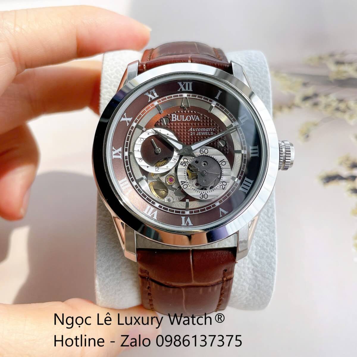 Đồng Hồ Nam Bulova 96A118 Tự Động Dây Da Nâu Mặt Nâu Vỏ Silver Size 42mm