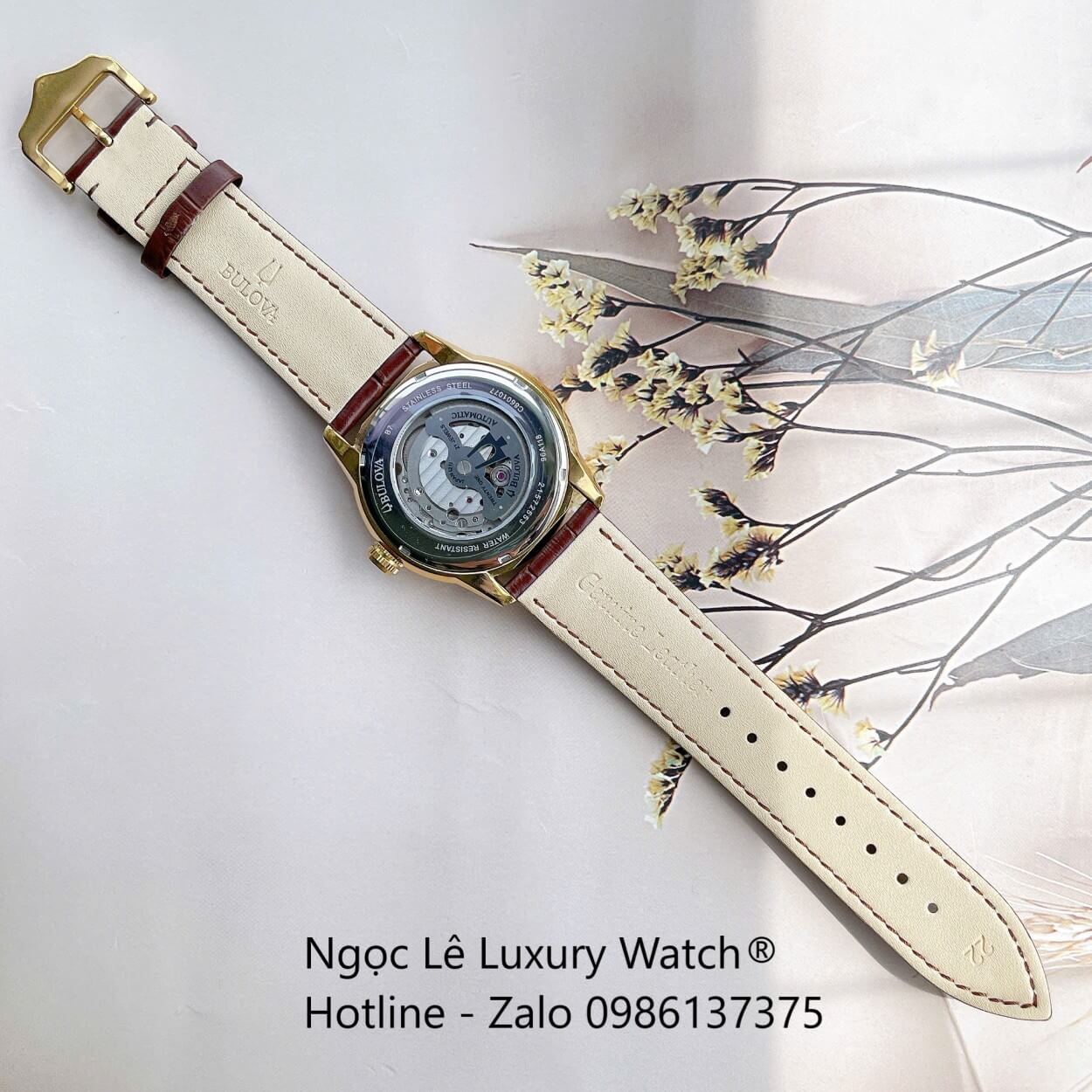 Đồng Hồ Nam Bulova 96A118 Tự Động Dây Da Nâu Mặt Trắng Vỏ Vàng Gold Size 42mm