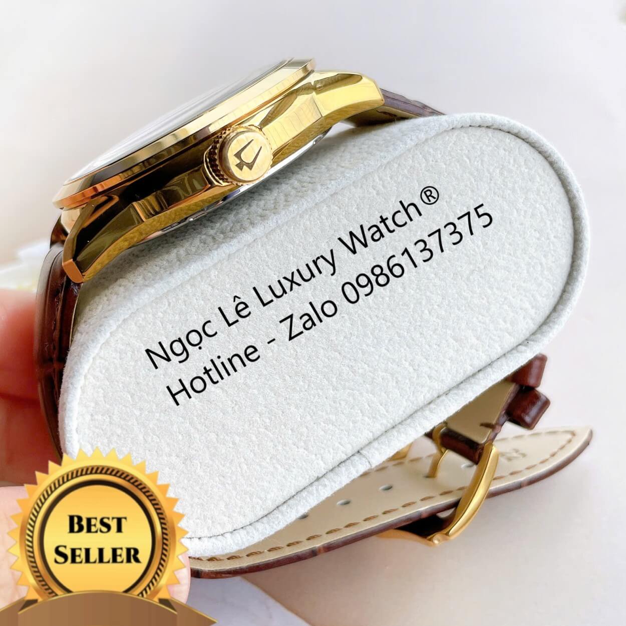 Đồng Hồ Nam Bulova 96A118 Tự Động Dây Da Nâu Mặt Trắng Vỏ Vàng Gold Size 42mm