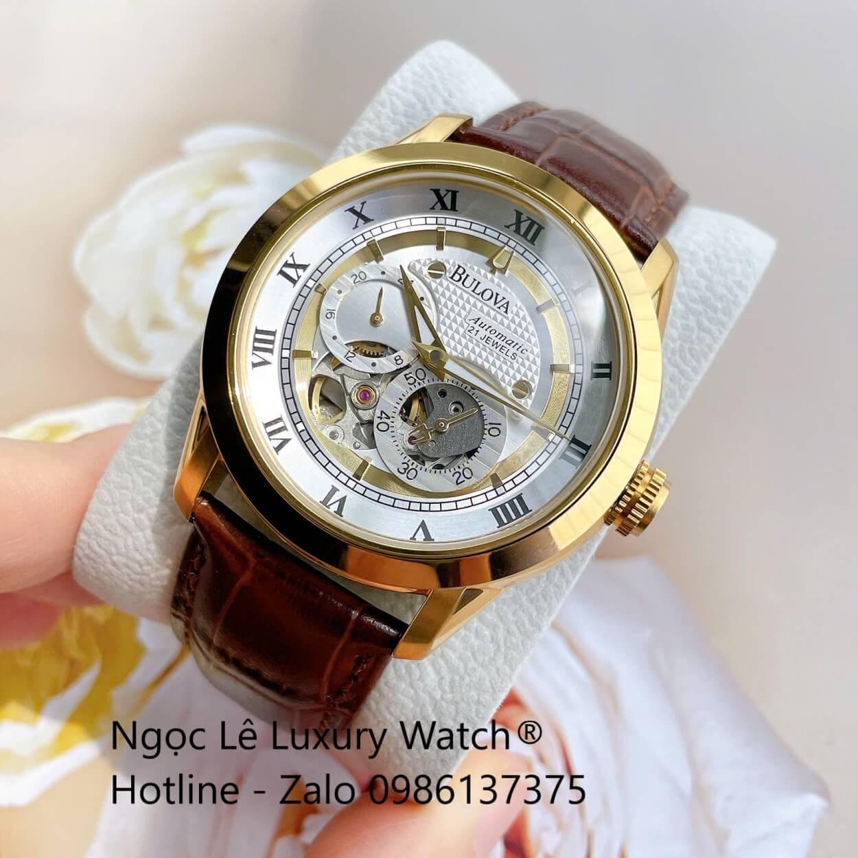 Đồng Hồ Nam Bulova 96A118 Tự Động Dây Da Nâu Mặt Trắng Vỏ Vàng Gold Size 42mm