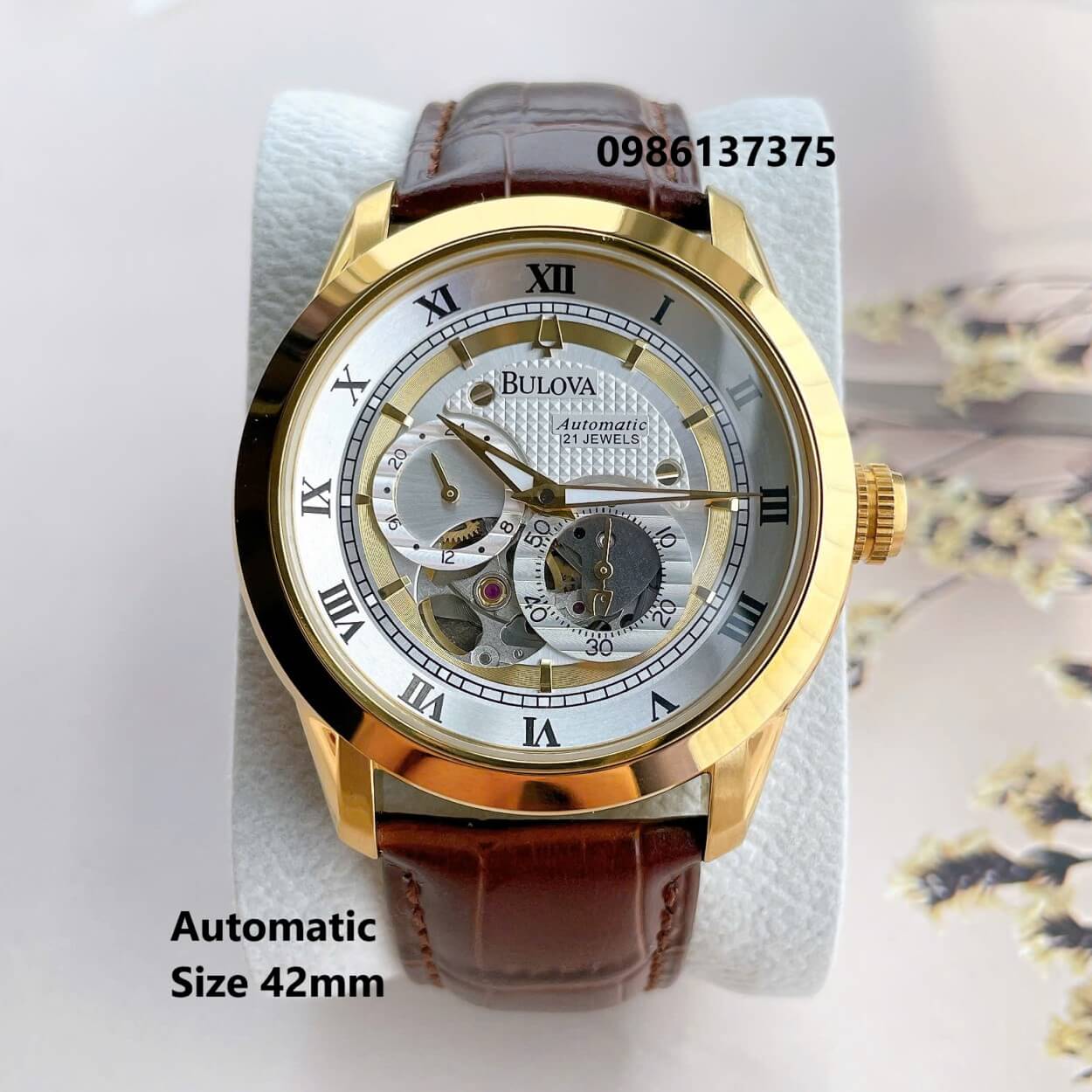 Đồng Hồ Nam Bulova 96A118 Tự Động Dây Da Nâu Mặt Trắng Vỏ Vàng Gold Size 42mm