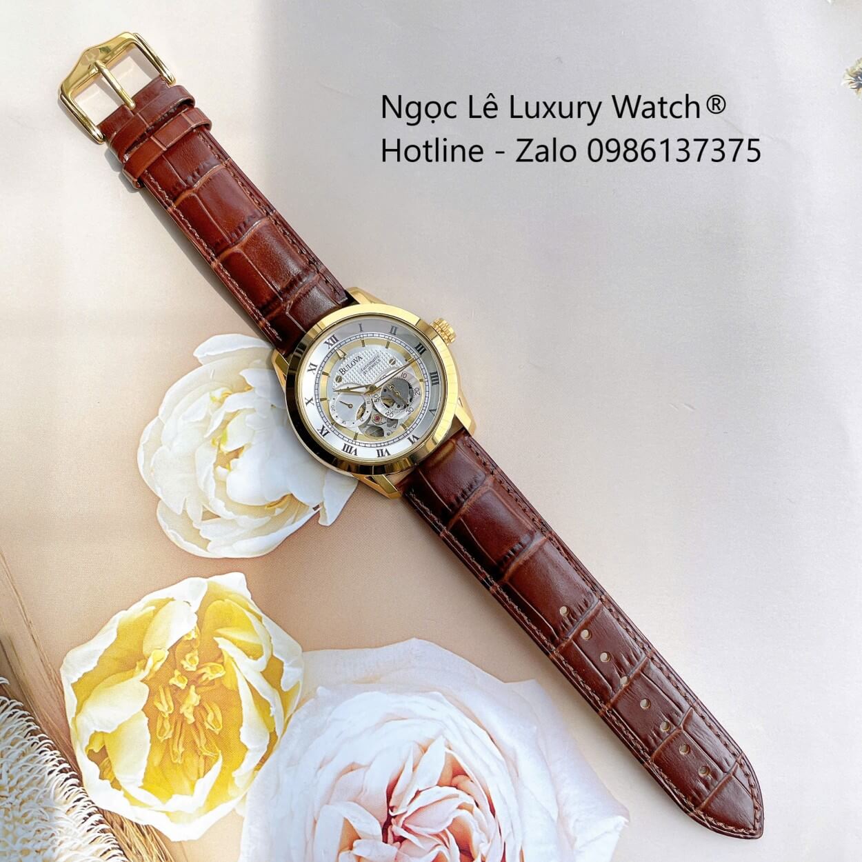 Đồng Hồ Nam Bulova 96A118 Tự Động Dây Da Nâu Mặt Trắng Vỏ Vàng Gold Size 42mm