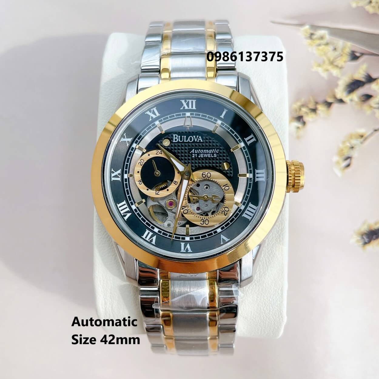 Đồng Hồ Nam Bulova 96A118 Tự Động Dây Kim Loại Demi Vàng Mặt Đen Size 42mm (Demi Gold)