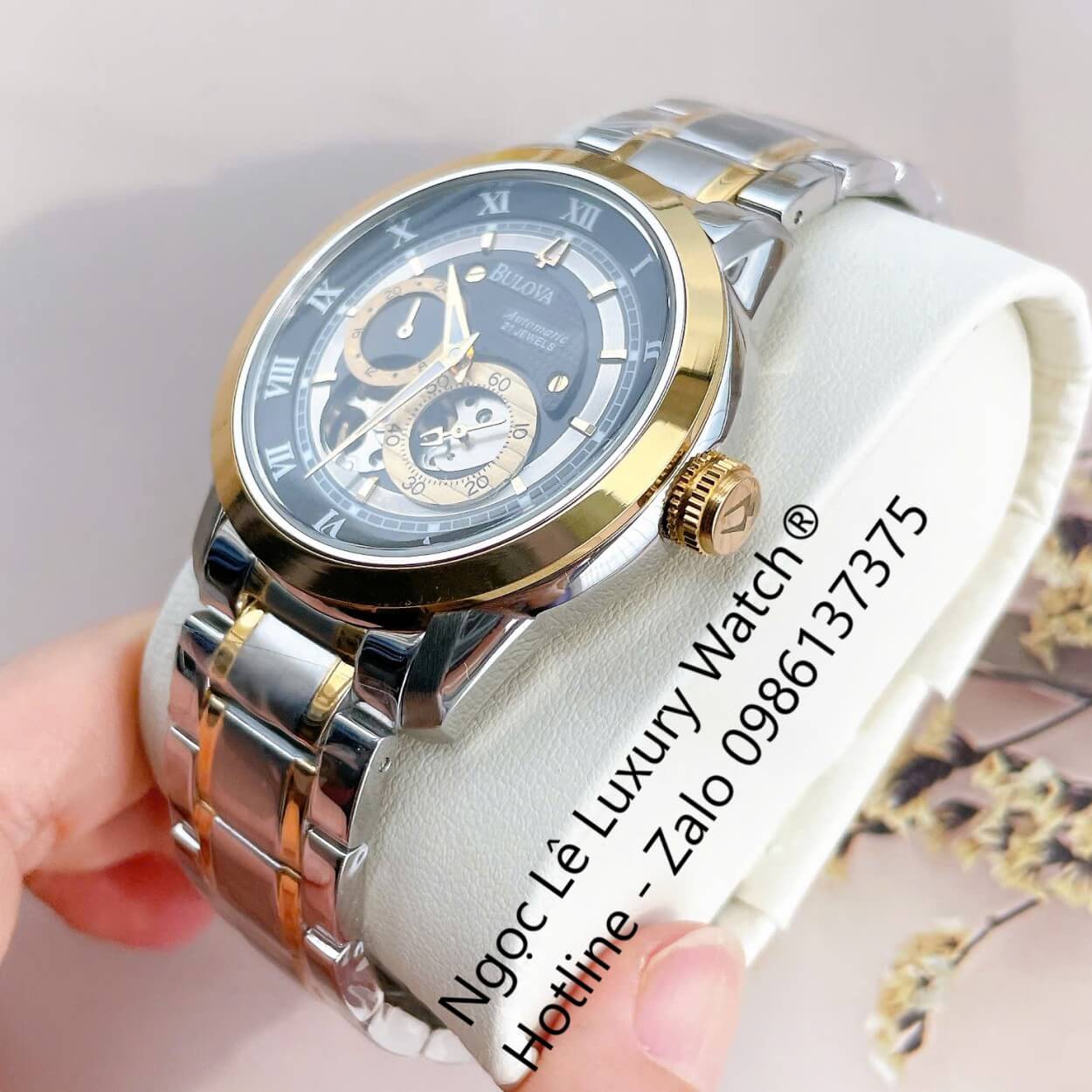 Đồng Hồ Nam Bulova 96A118 Tự Động Dây Kim Loại Demi Vàng Mặt Đen Size 42mm (Demi Gold)