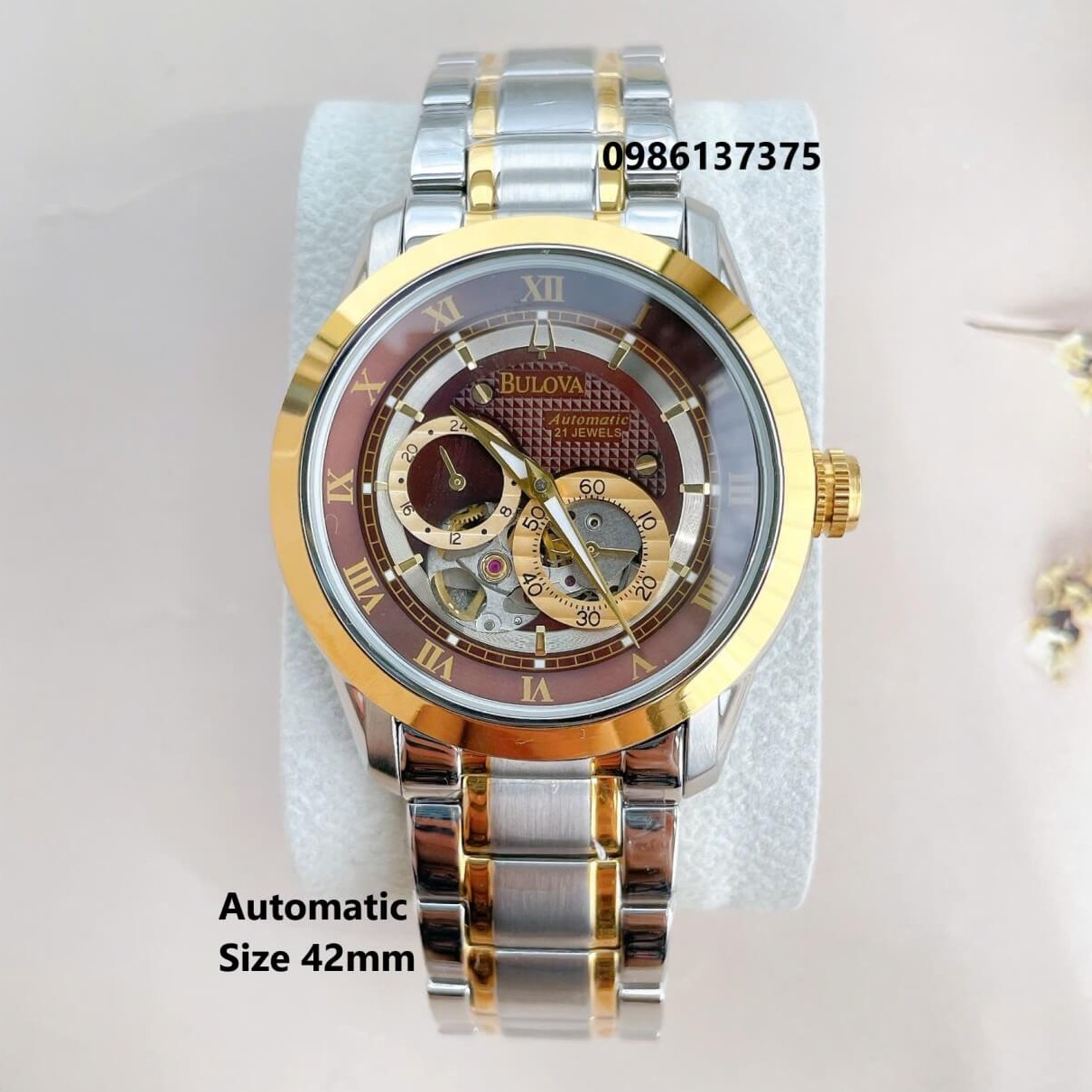 Đồng Hồ Nam Bulova 96A118 Tự Động Dây Kim Loại Demi Vàng Mặt Nâu Size 42mm (Demi Gold)