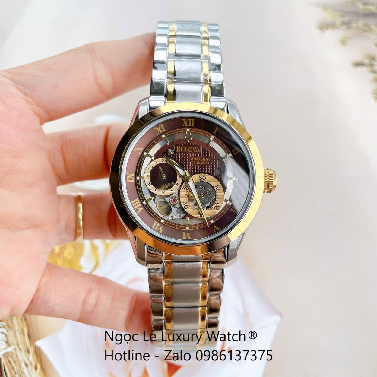 Đồng Hồ Nam Bulova 96A118 Tự Động Dây Kim Loại Demi Vàng Mặt Nâu Size 42mm (Demi Gold)