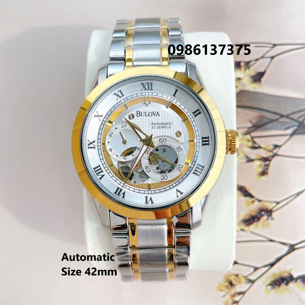Đồng Hồ Nam Bulova 96A118 Tự Động Dây Kim Loại Demi Vàng Mặt Trắng Size 42mm (Demi Gold)
