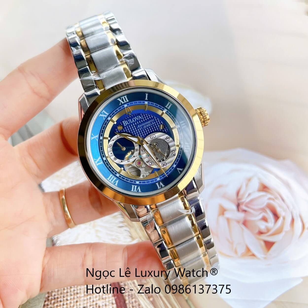 Đồng Hồ Nam Bulova 96A118 Tự Động Dây Kim Loại Demi Vàng Mặt Xanh Dương Size 42mm (Demi Gold)