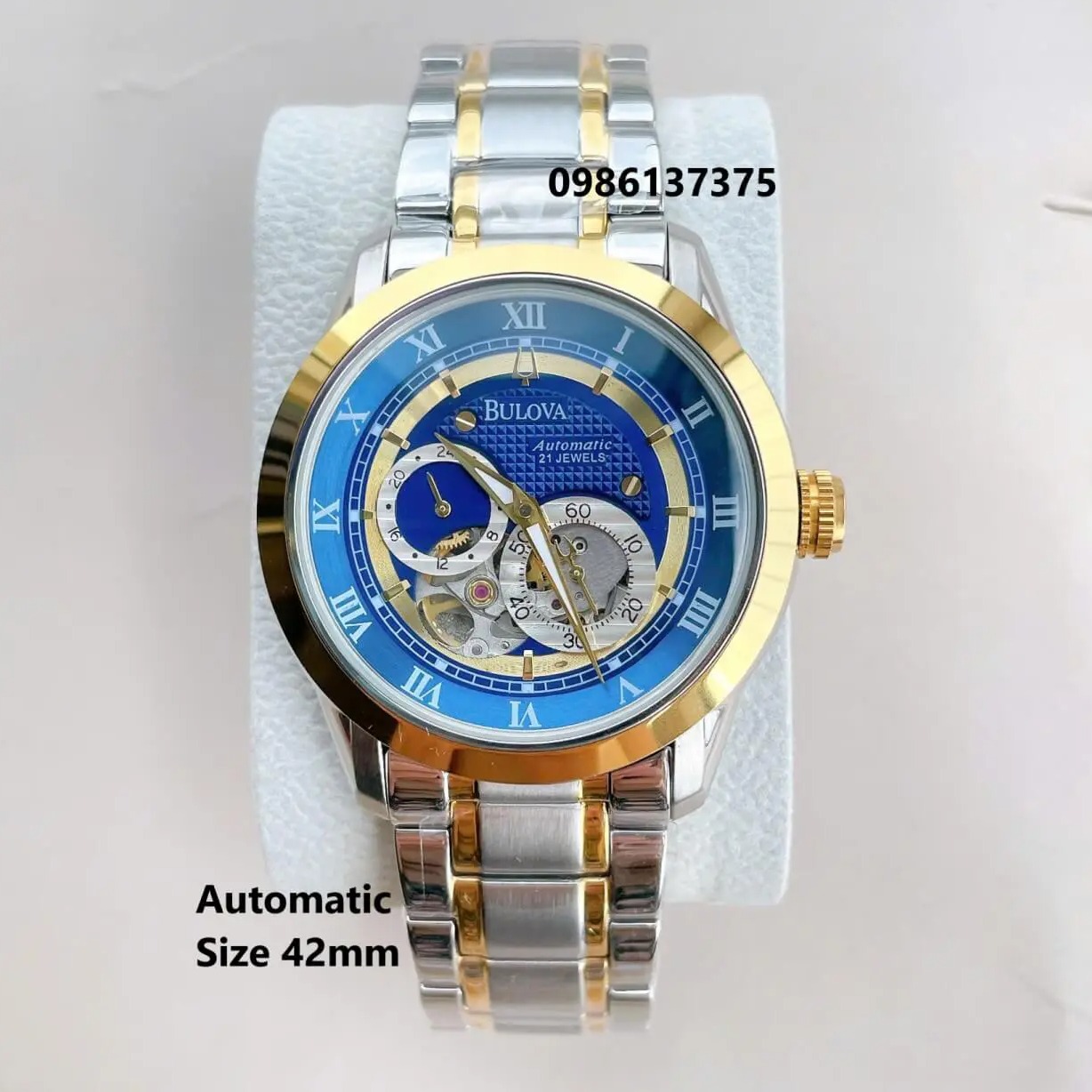 Đồng Hồ Nam Bulova 96A118 Tự Động Dây Kim Loại Demi Vàng Mặt Xanh Dương Size 42mm (Demi Gold)