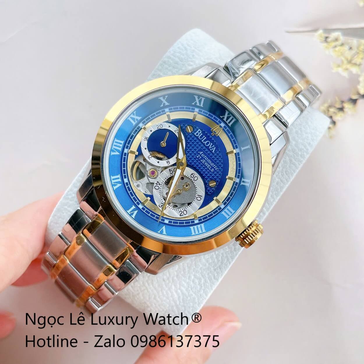 Đồng Hồ Nam Bulova 96A118 Tự Động Dây Kim Loại Demi Vàng Mặt Xanh Dương Size 42mm (Demi Gold)