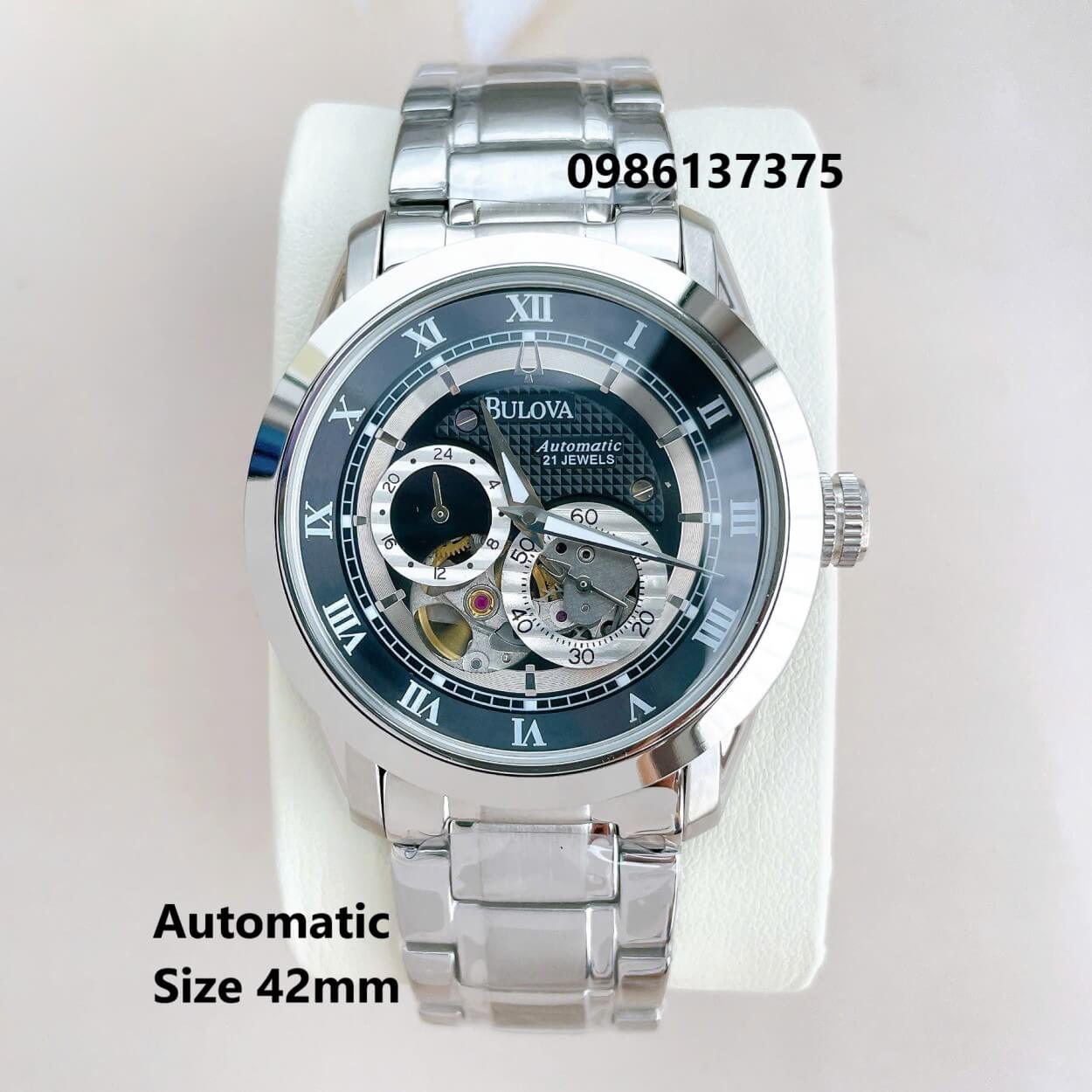 Đồng Hồ Nam Bulova 96A118 Tự Động Dây Kim Loại Silver Mặt Đen Size 42mm