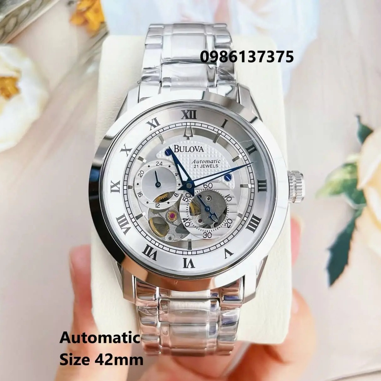 Đồng Hồ Nam Bulova 96A118 Tự Động Dây Kim Loại Silver Mặt Trắng Kim Xanh Size 42mm