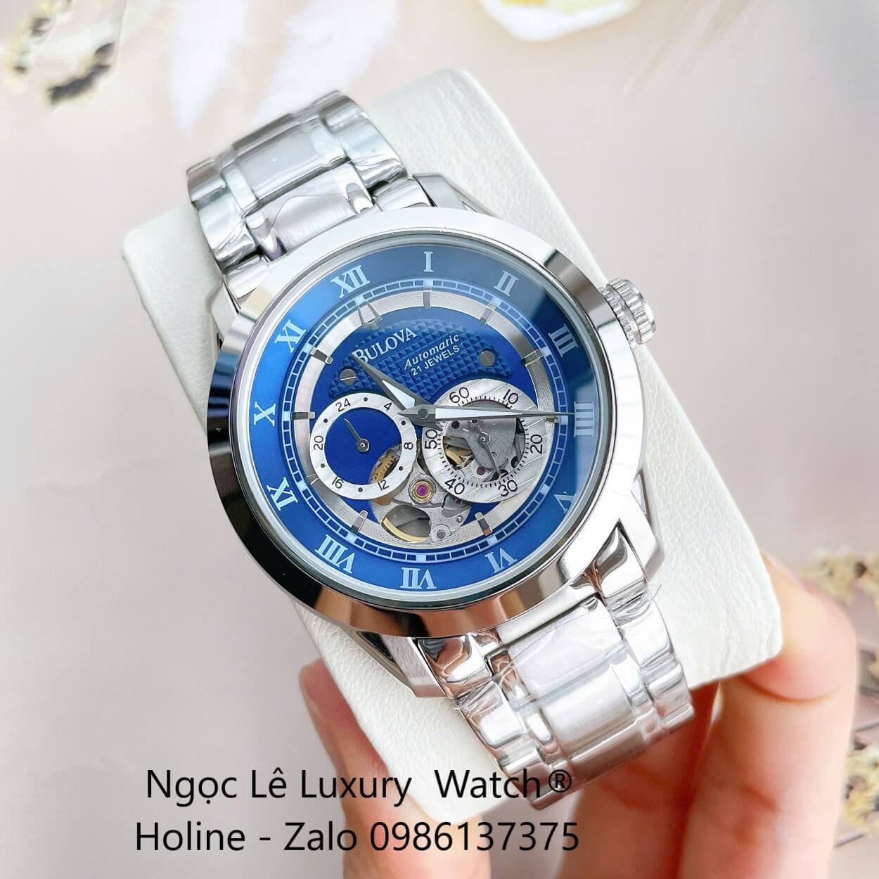Đồng Hồ Nam Bulova 96A118 Tự Động Dây Kim Loại Silver Mặt Xanh Dương Size 42mm