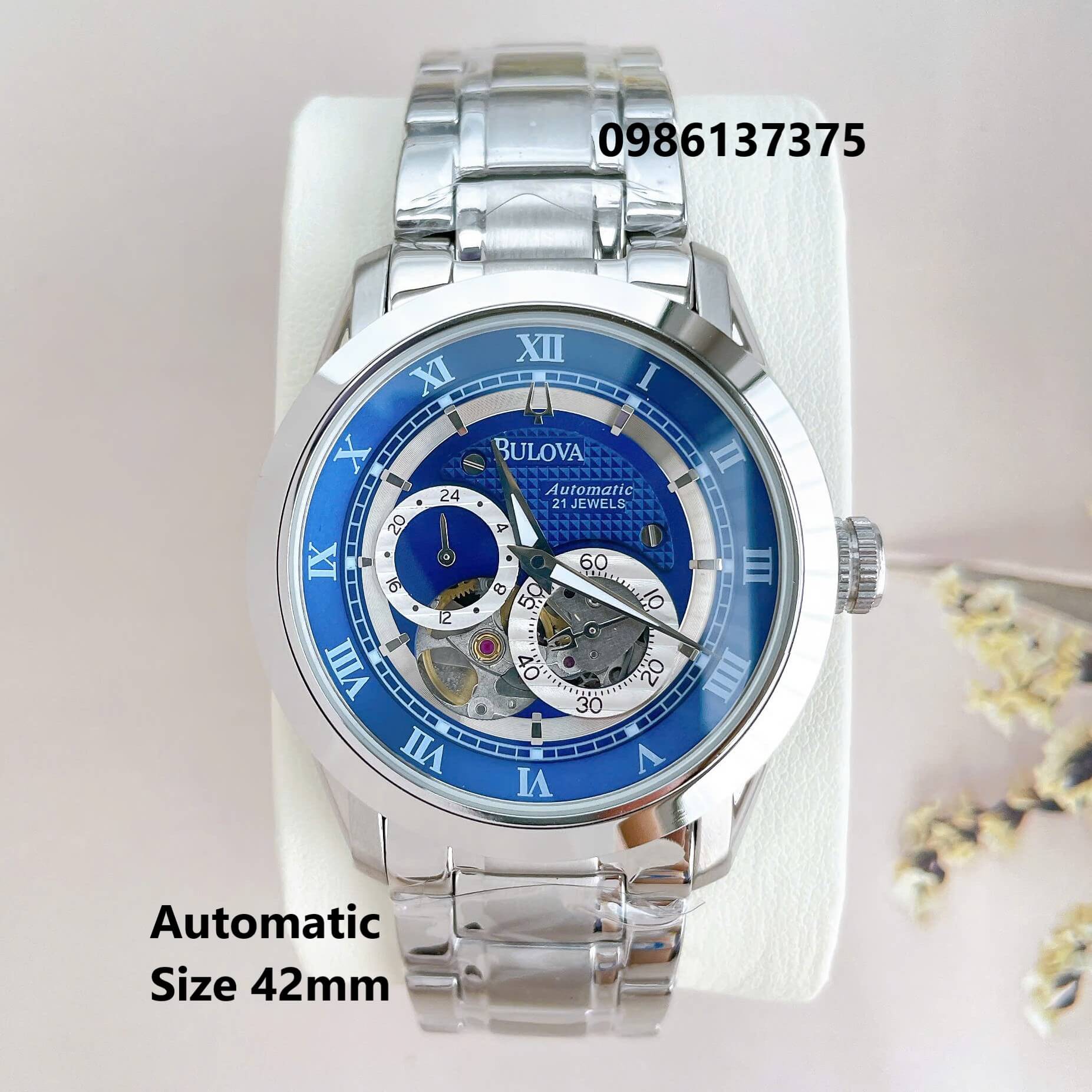 Đồng Hồ Nam Bulova 96A118 Tự Động Dây Kim Loại Silver Mặt Xanh Dương Size 42mm