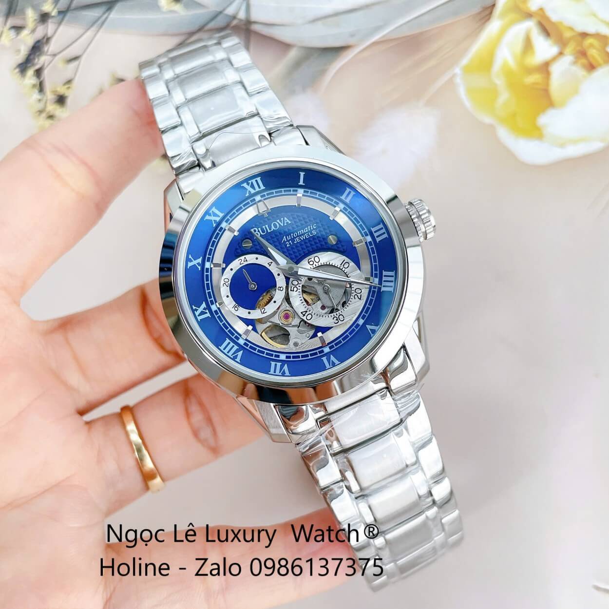 Đồng Hồ Nam Bulova 96A118 Tự Động Dây Kim Loại Silver Mặt Xanh Dương Size 42mm
