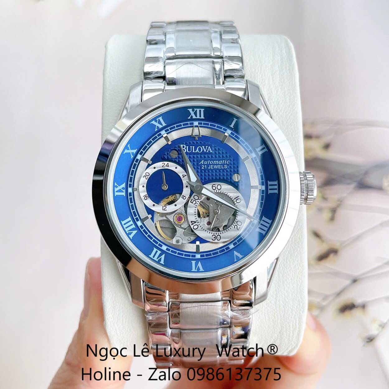 Đồng Hồ Nam Bulova 96A118 Tự Động Dây Kim Loại Silver Mặt Xanh Dương Size 42mm