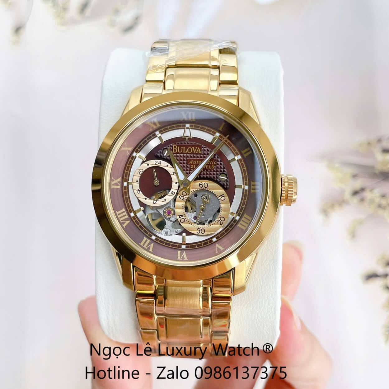 Đồng Hồ Nam Bulova 96A118 Tự Động Dây Kim Loại Vàng Mặt Nâu Size 42mm (Gold)