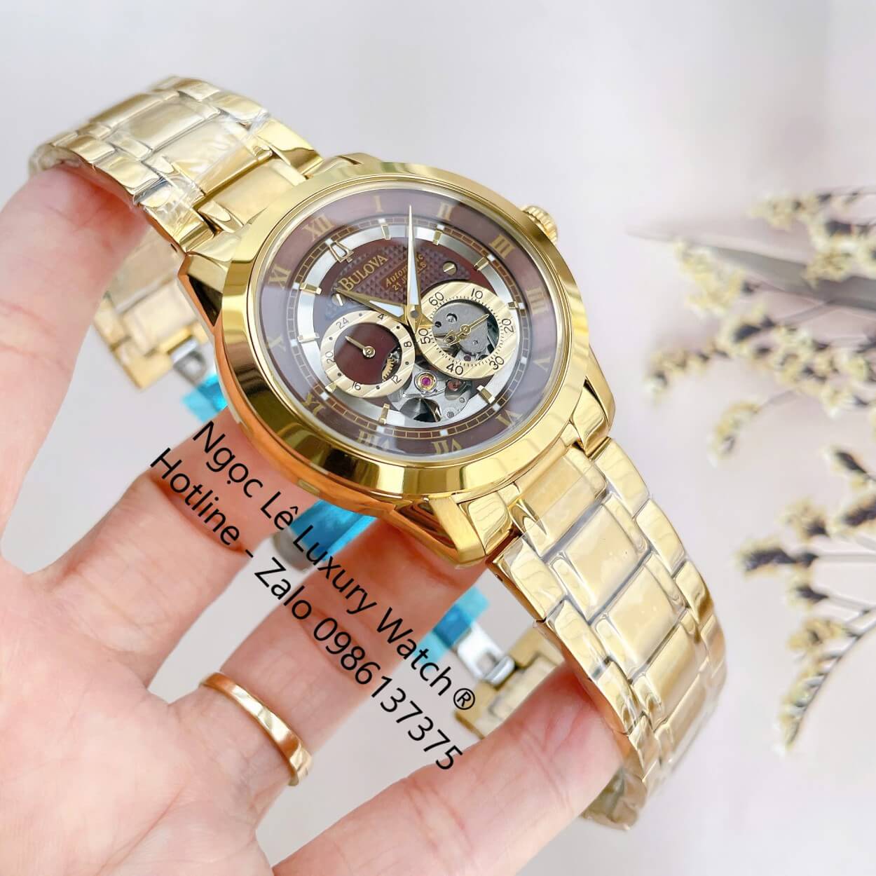Đồng Hồ Nam Bulova 96A118 Tự Động Dây Kim Loại Vàng Mặt Nâu Size 42mm (Gold)