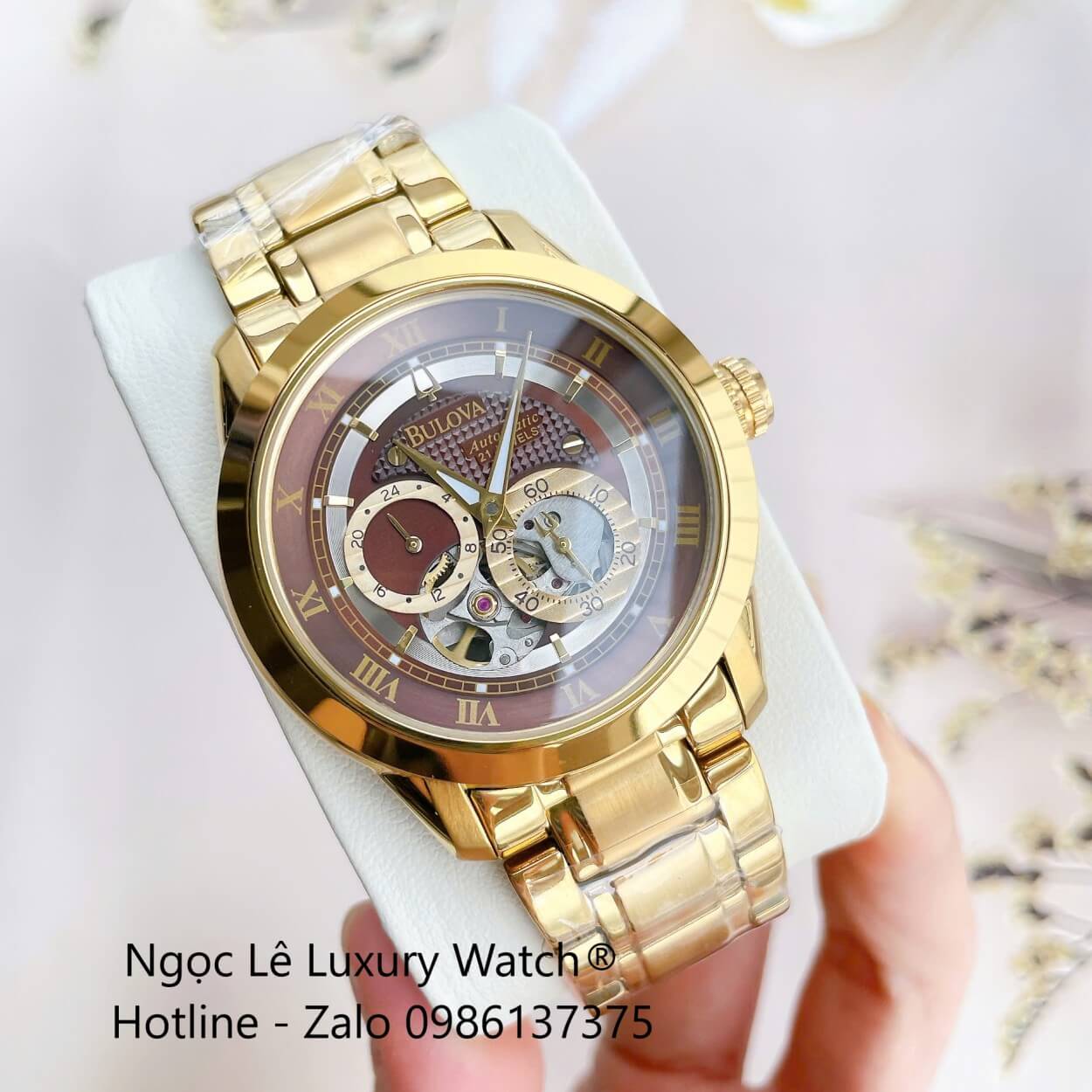 Đồng Hồ Nam Bulova 96A118 Tự Động Dây Kim Loại Vàng Mặt Nâu Size 42mm (Gold)