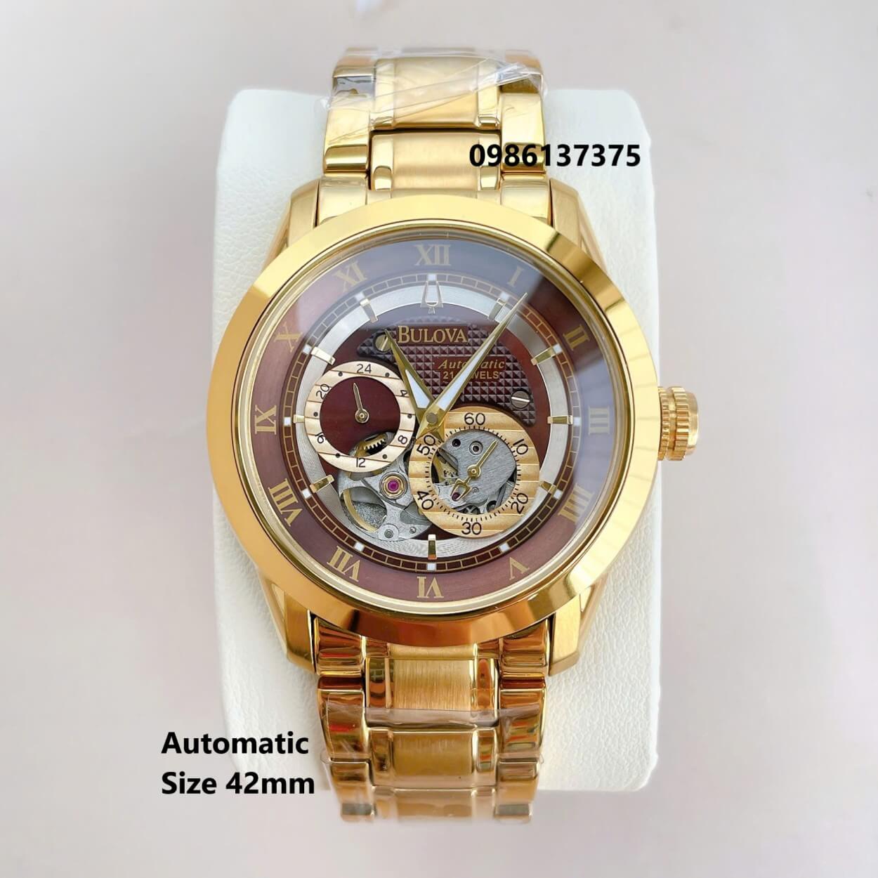 Đồng Hồ Nam Bulova 96A118 Tự Động Dây Kim Loại Vàng Mặt Nâu Size 42mm (Gold)