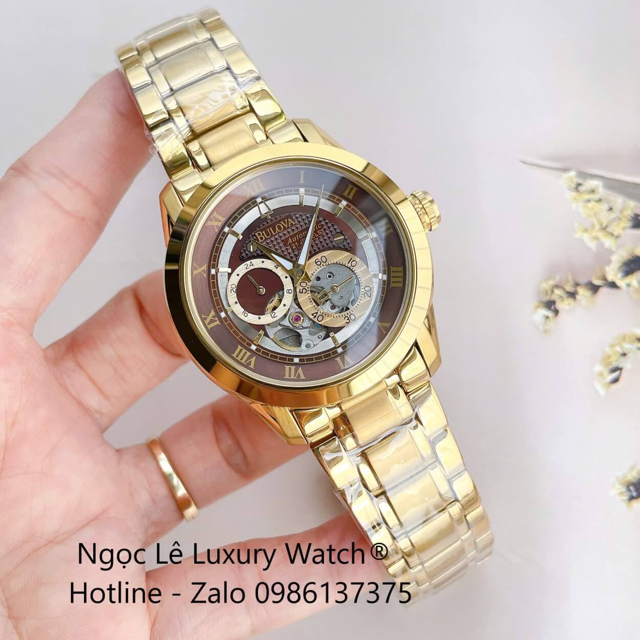 Đồng Hồ Nam Bulova 96A118 Tự Động Dây Kim Loại Vàng Mặt Nâu Size 42mm (Gold)