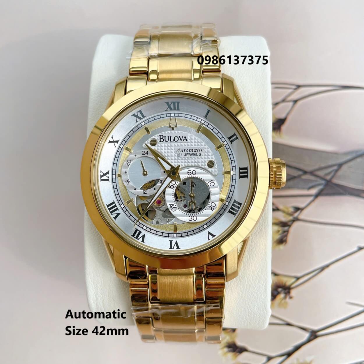 Đồng Hồ Nam Bulova 96A118 Tự Động Dây Kim Loại Vàng Mặt Trắng Size 42mm (Gold)