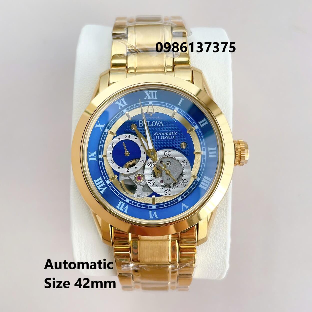 Đồng Hồ Nam Bulova 96A118 Tự Động Dây Kim Loại Vàng Mặt Xanh Dương Size 42mm (Gold)
