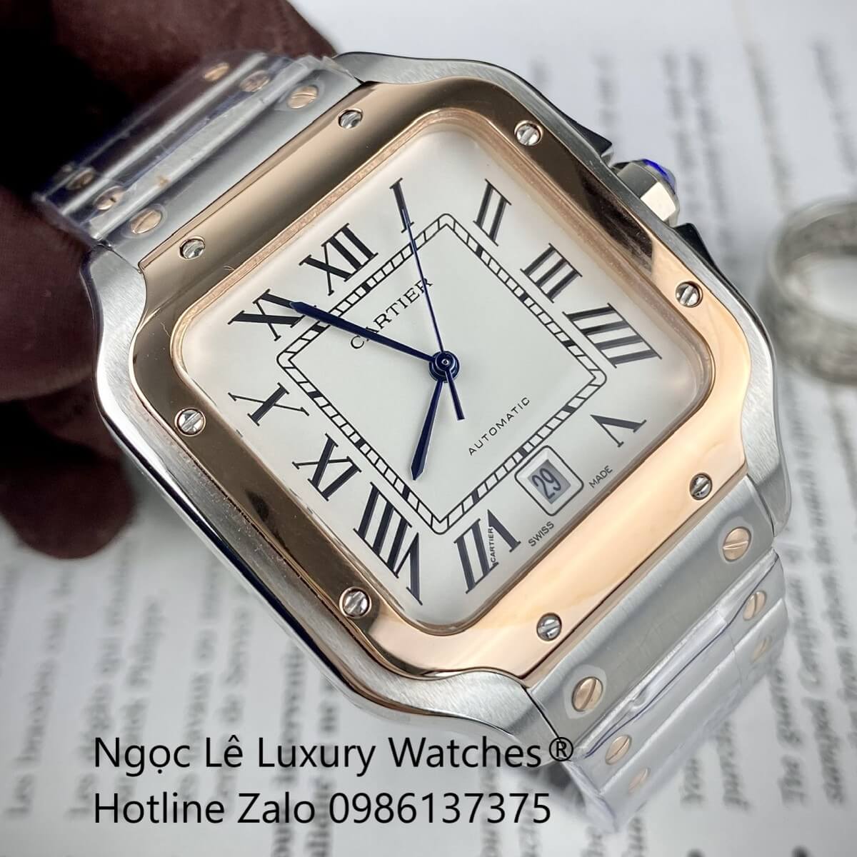 Đồng Hồ Nam Cartier Santos Automatic Dây Kim Loại Demi Rose Mặt Trắng Size 38x38mm
