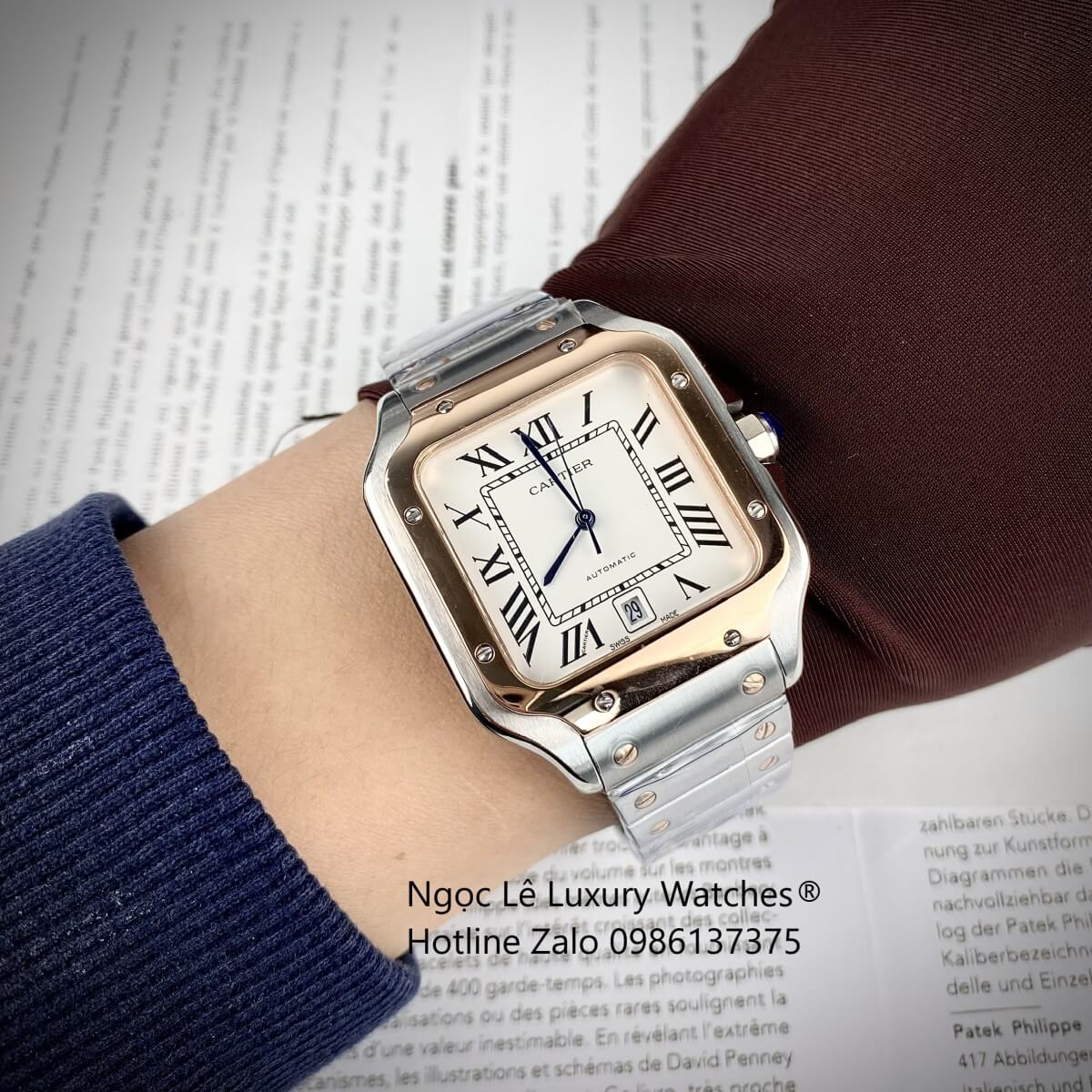 Đồng Hồ Nam Cartier Santos Automatic Dây Kim Loại Demi Rose Mặt Trắng Size 38x38mm